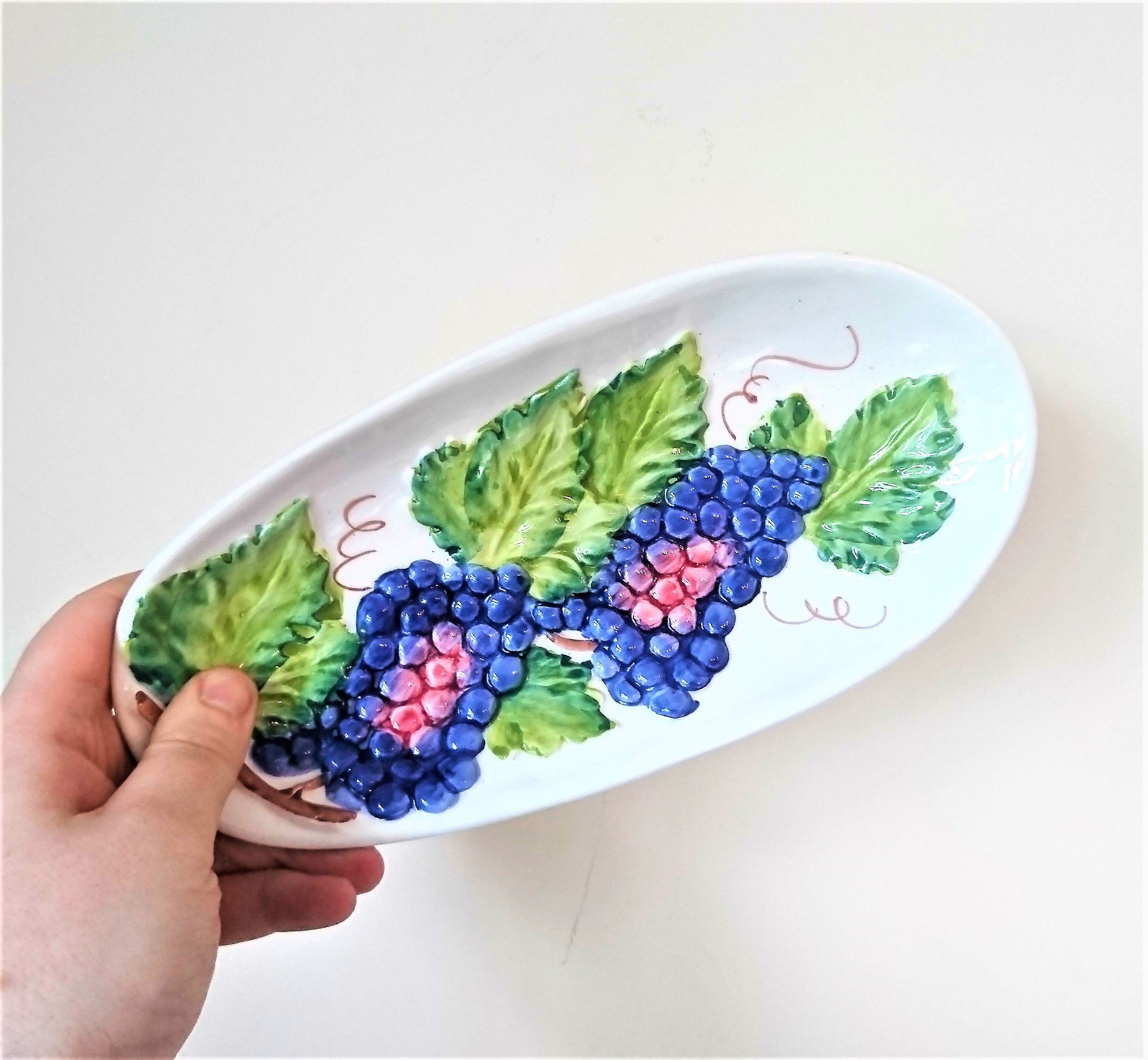 Vintage Italian Ceramic Glazed Dish Serving Dish Hand Painted Fruit and Leaves