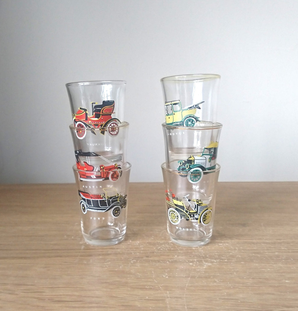 Vintage Car Shot Glasses, 1950s Ruhrglas Barware, Set of 6
