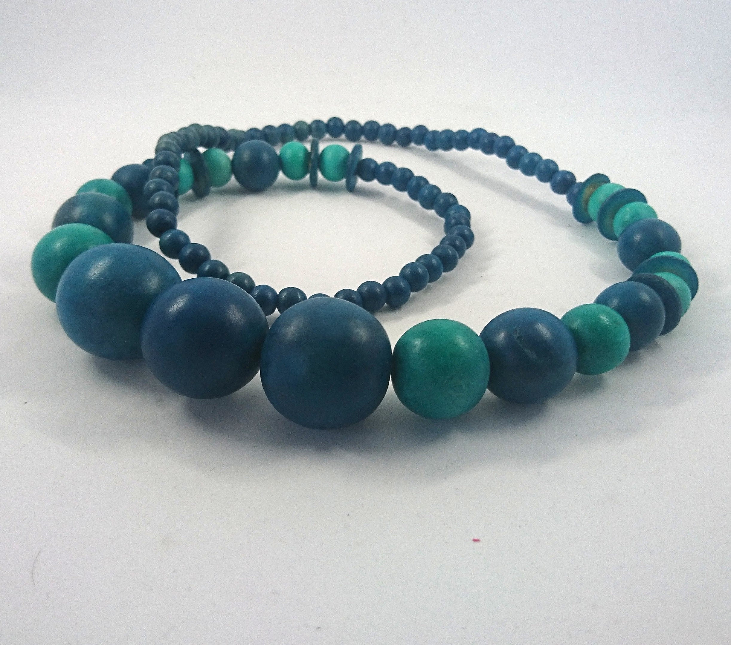 Vintage Blue Turquoise Chunky Beaded Necklace Wooden Gradient 1990's Costume Jewellery Jewelry