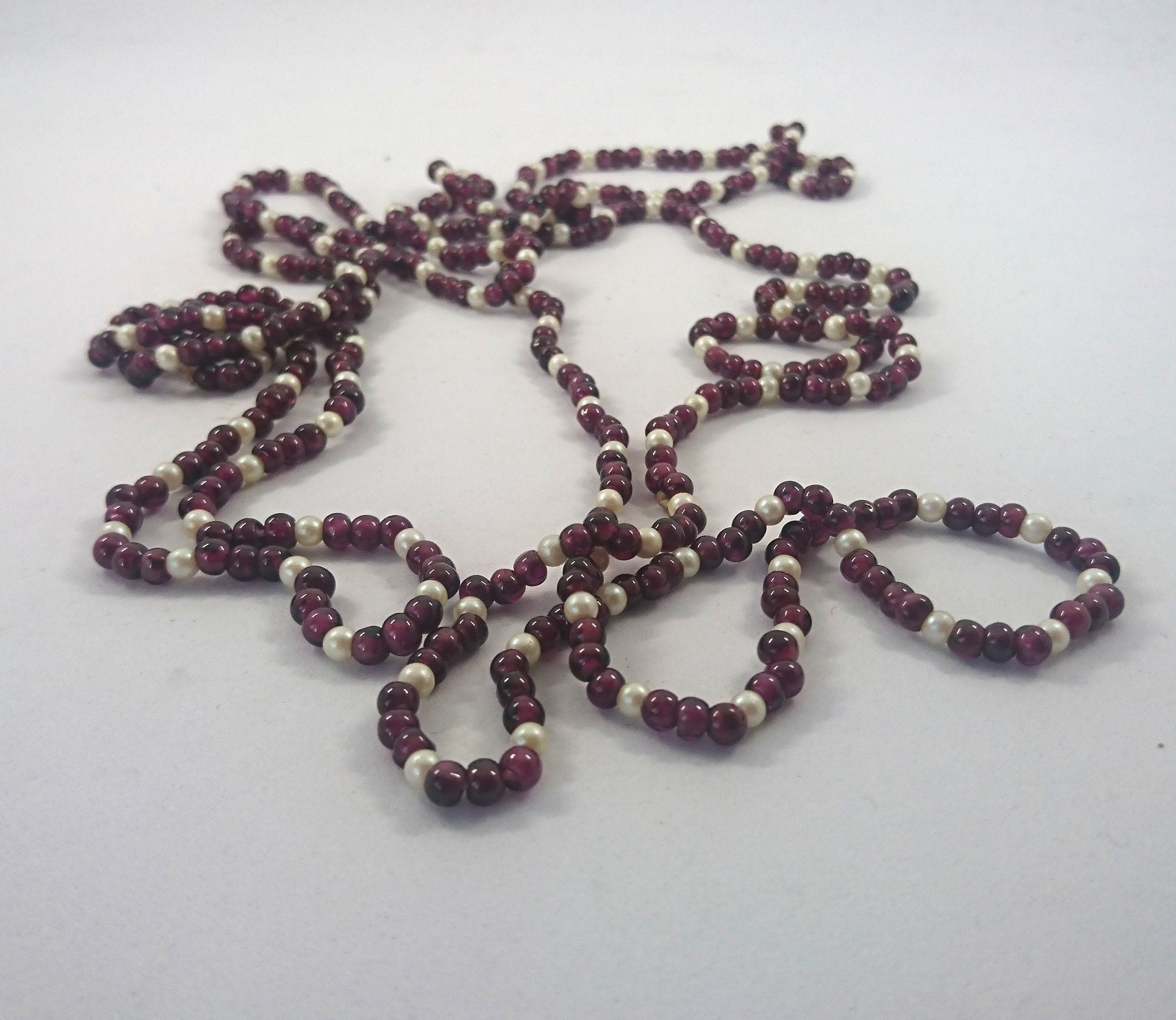 Vintage Purple and White Seed Bead Necklace Long 1970's Beaded Necklace Costume Jewellery Jewelry