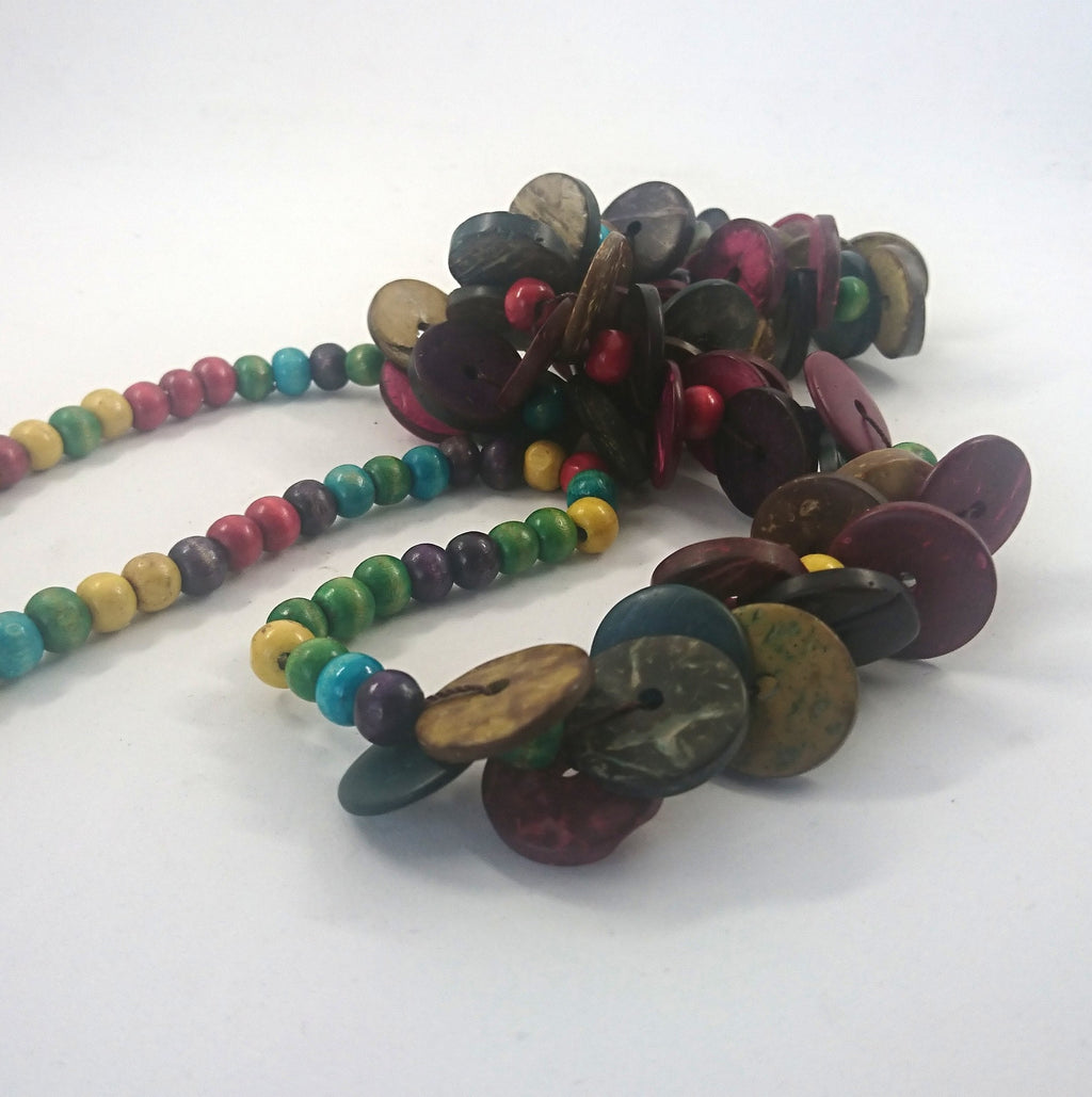 Vintage Wooden Colourful Long Beaded Retro Necklace 70's Costume Jewellery Jewelry Button Beads