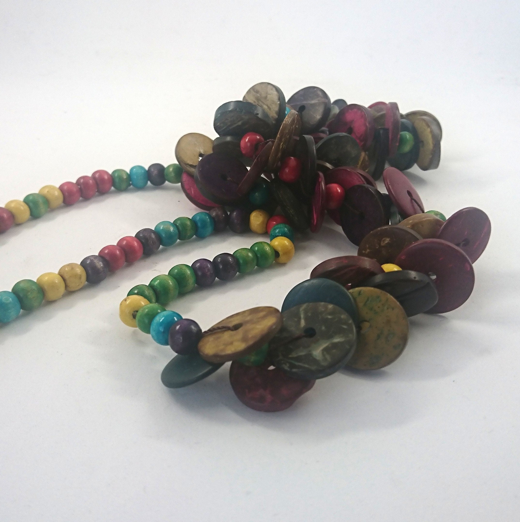 Vintage Wooden Colourful Long Beaded Retro Necklace 70's Costume Jewellery Jewelry Button Beads