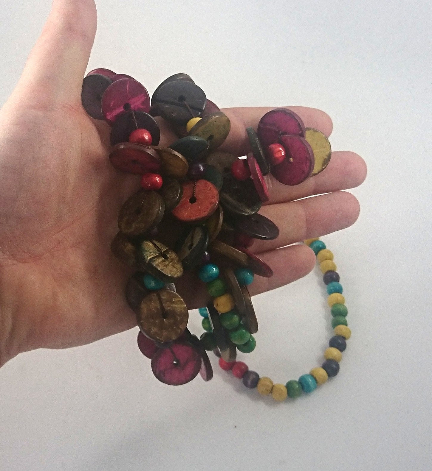 Vintage Wooden Colourful Long Beaded Retro Necklace 70's Costume Jewellery Jewelry Button Beads