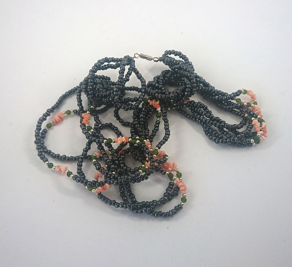Vintage Necklace Long Multistrand Seed Bead Necklace Metallic Gray and Pink Costume Jewellery Jewelry