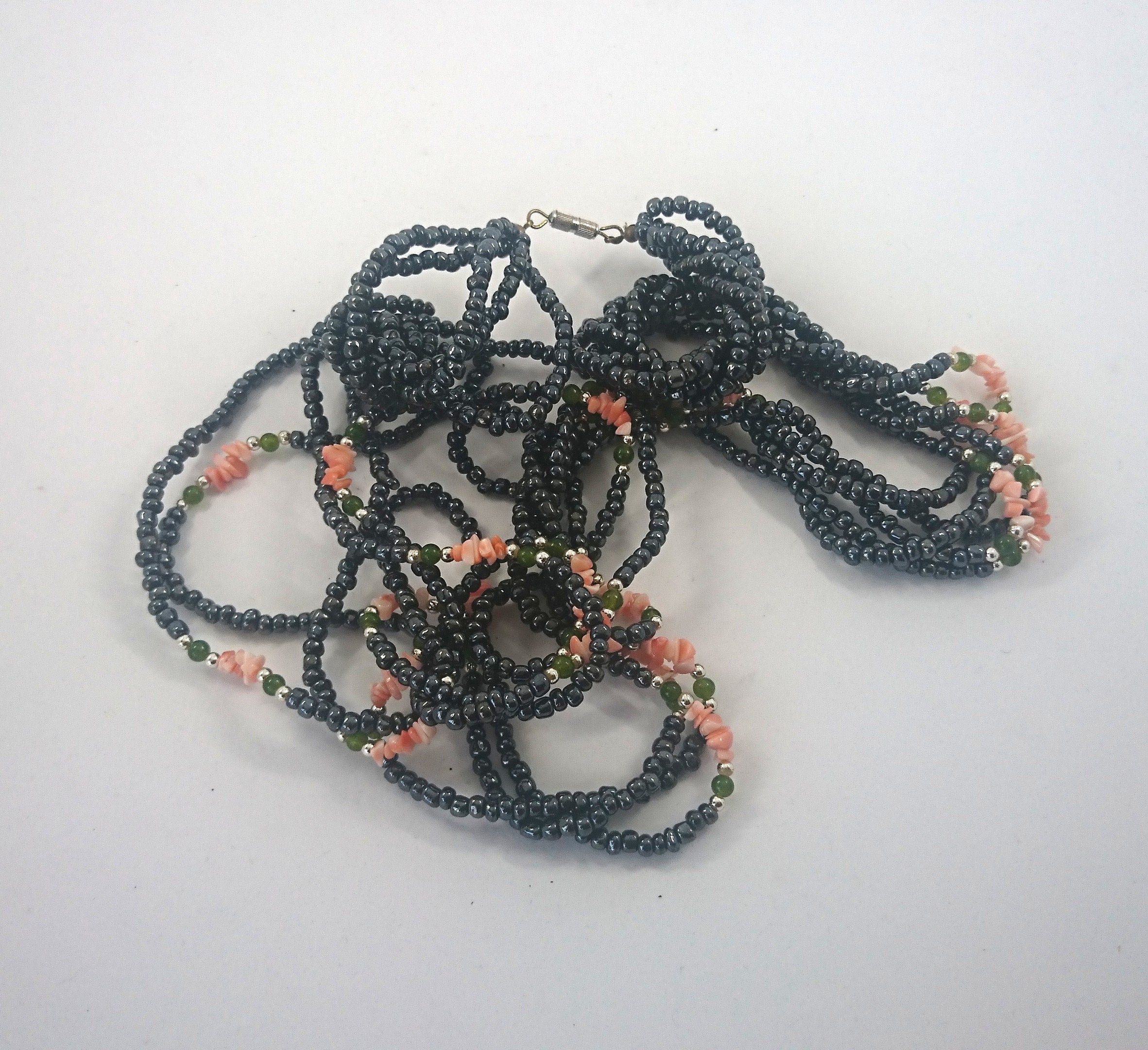 Vintage Necklace Long Multistrand Seed Bead Necklace Metallic Gray and Pink Costume Jewellery Jewelry