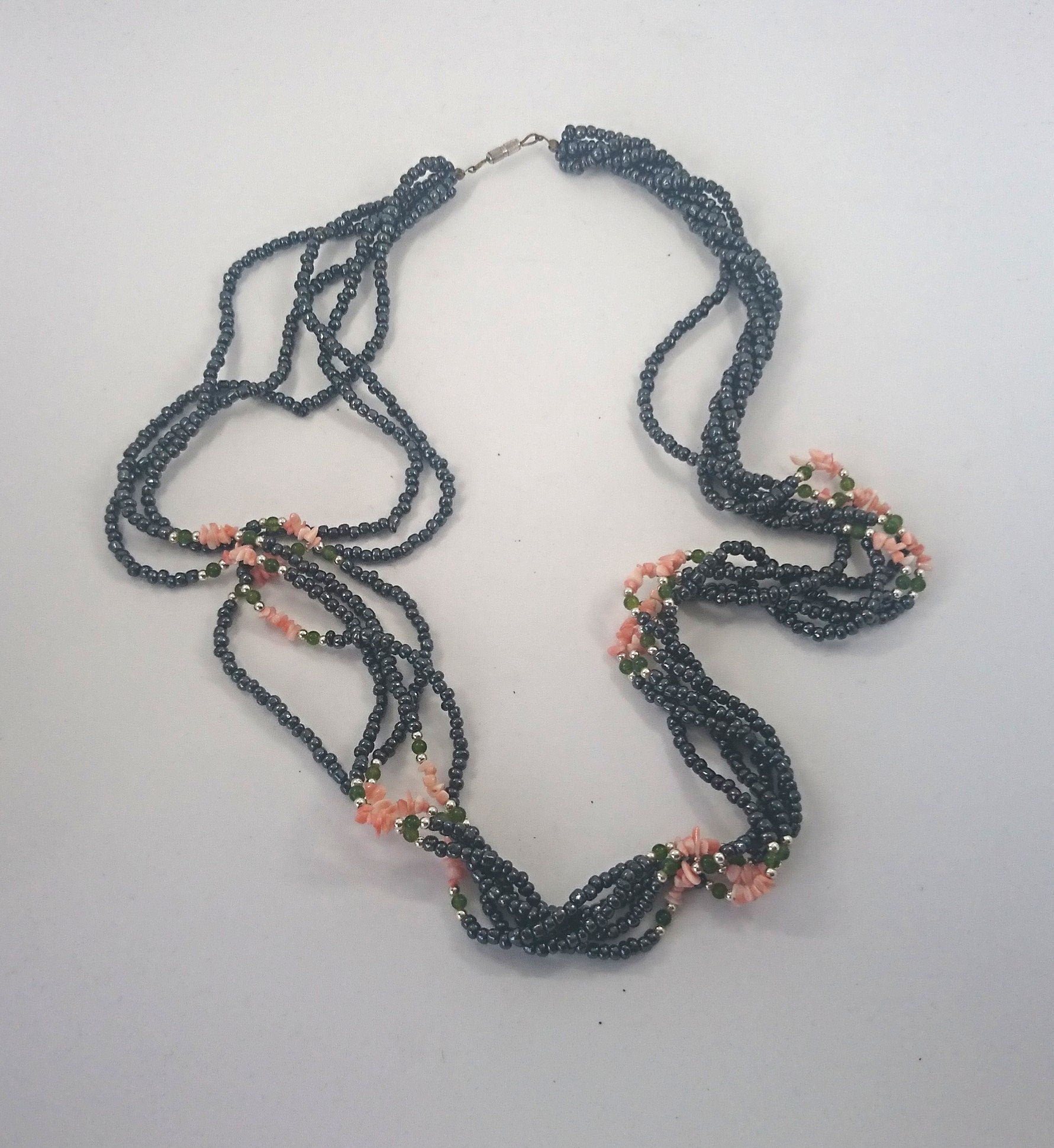 Vintage Necklace Long Multistrand Seed Bead Necklace Metallic Gray and Pink Costume Jewellery Jewelry