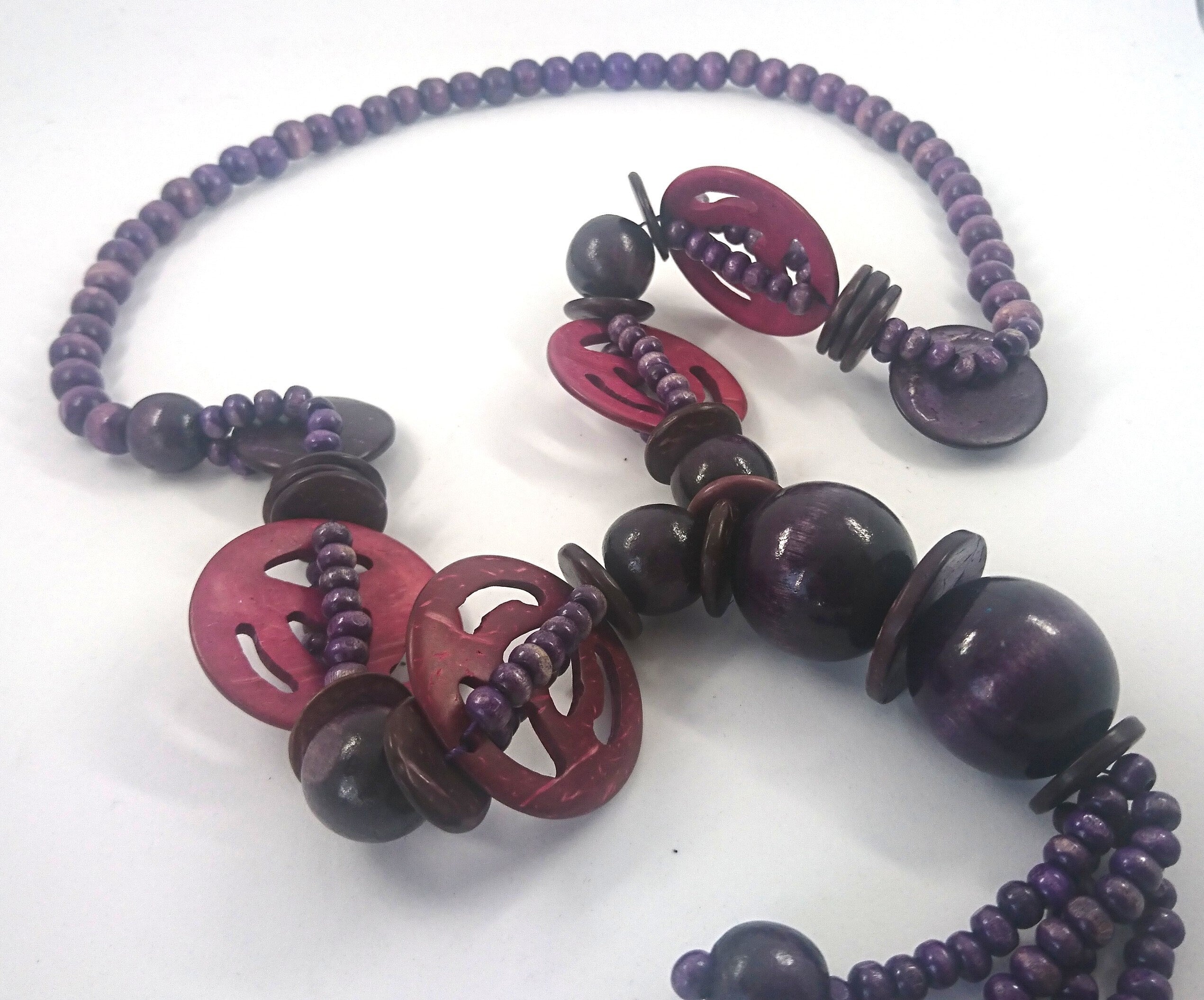 Vintage Necklace Large Chunky Purple Wooden Beaded Costume Jewellery Jewelry Long