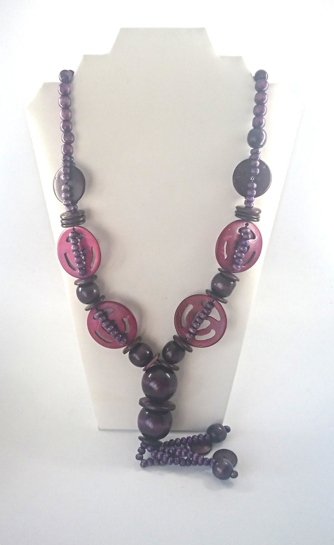 Vintage Necklace Large Chunky Purple Wooden Beaded Costume Jewellery Jewelry Long