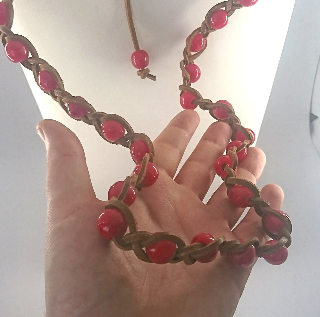 Vintage Necklace Red Beaded Long Brown Leather Necklace Costume Jewellery Jewelry