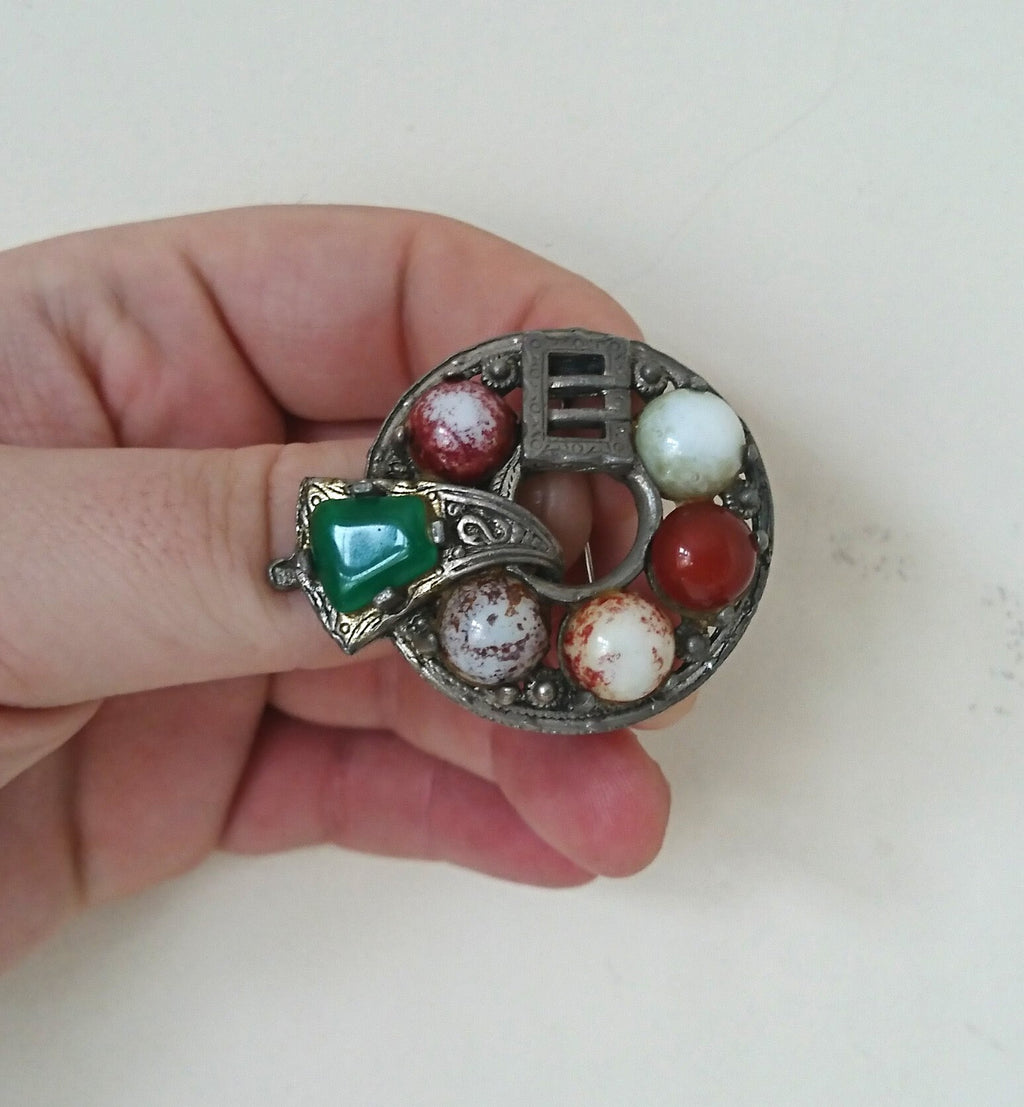 Vintage Brooch Scottish Celtic Agate Pin Silver Tone Costume Jewellery Jewelry