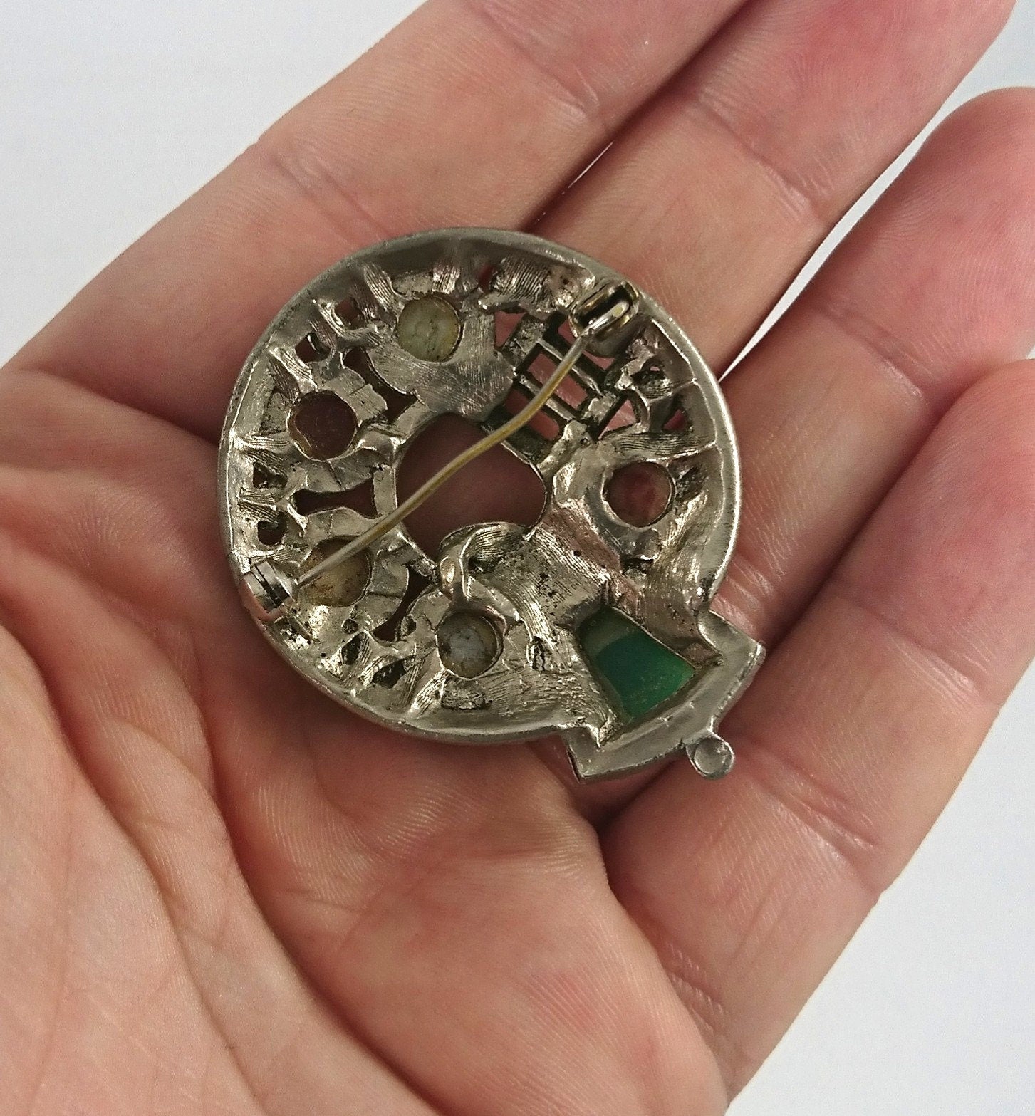 Vintage Brooch Scottish Celtic Agate Pin Silver Tone Costume Jewellery Jewelry