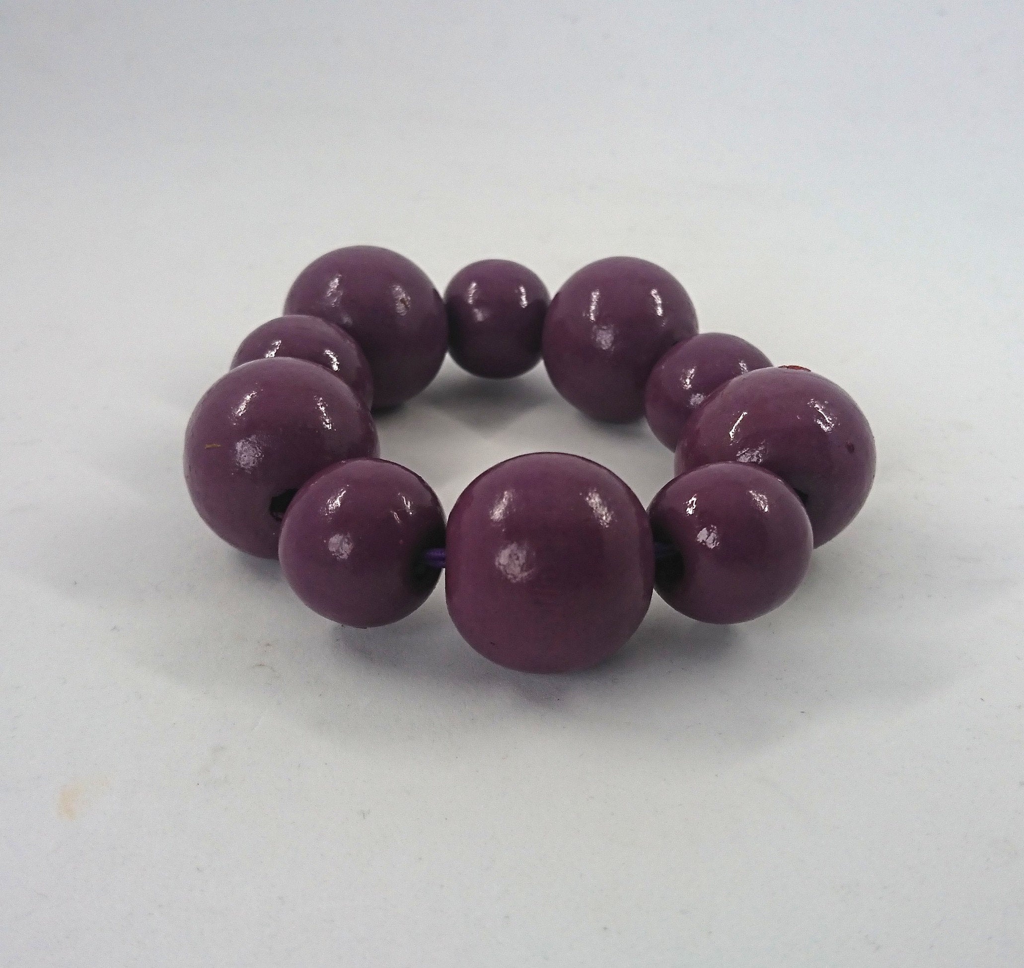 Vintage Wooden Beaded Purple Bangle Stretch Bracelet Costume Jewellery Jewelry