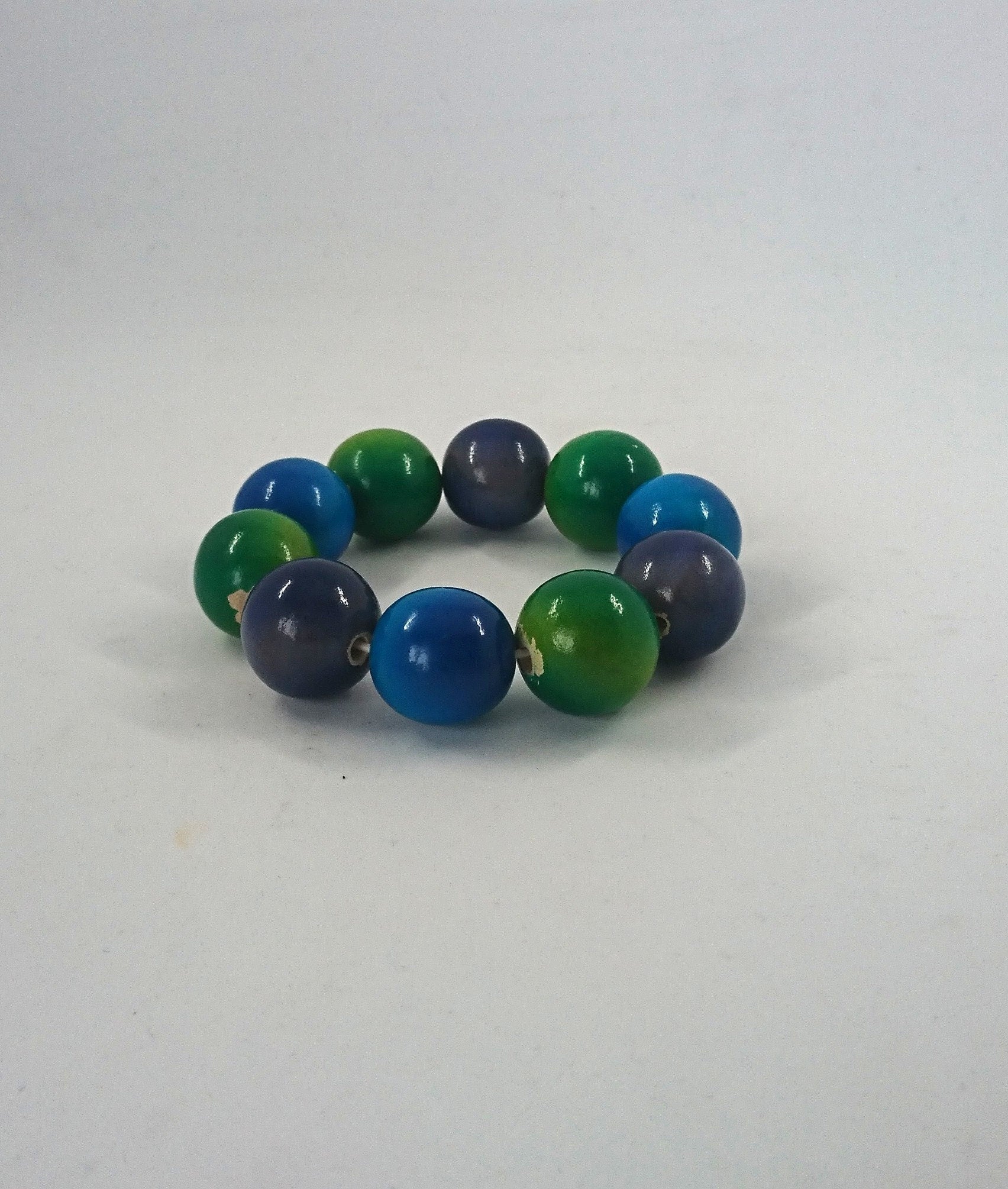 Vintage Wooden Beaded Blue, Purple and Green Bangle Stretch Bracelet Costume Jewellery Jewelry