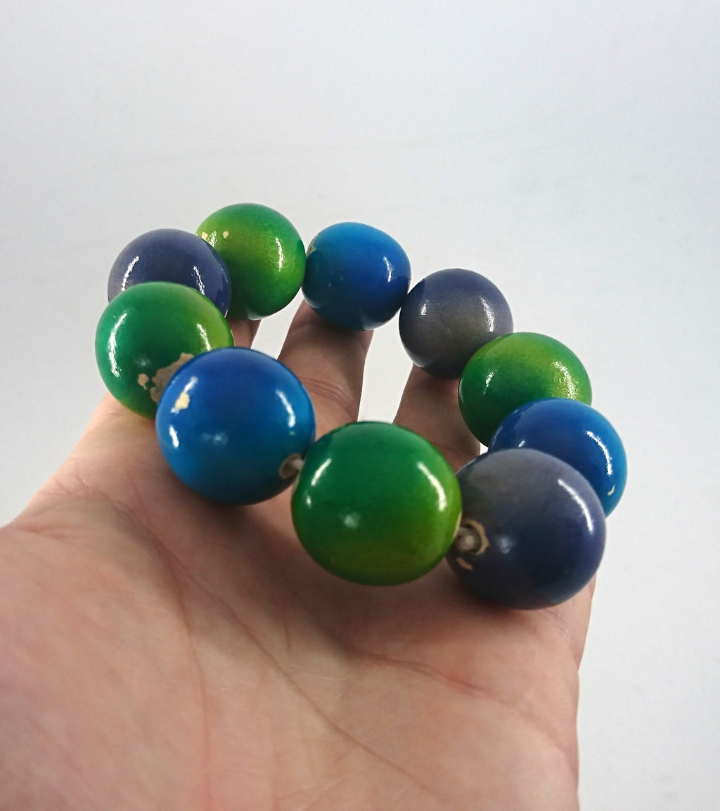 Vintage Wooden Beaded Blue, Purple and Green Bangle Stretch Bracelet Costume Jewellery Jewelry