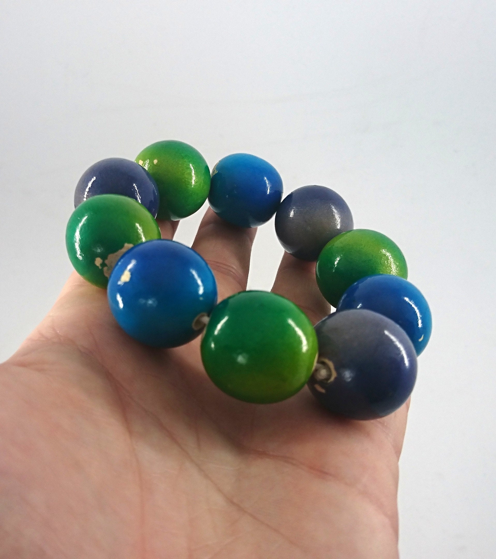 Vintage Wooden Beaded Blue, Purple and Green Bangle Stretch Bracelet Costume Jewellery Jewelry
