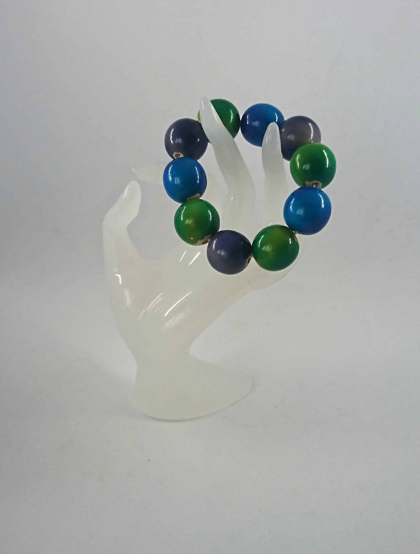 Vintage Wooden Beaded Blue, Purple and Green Bangle Stretch Bracelet Costume Jewellery Jewelry