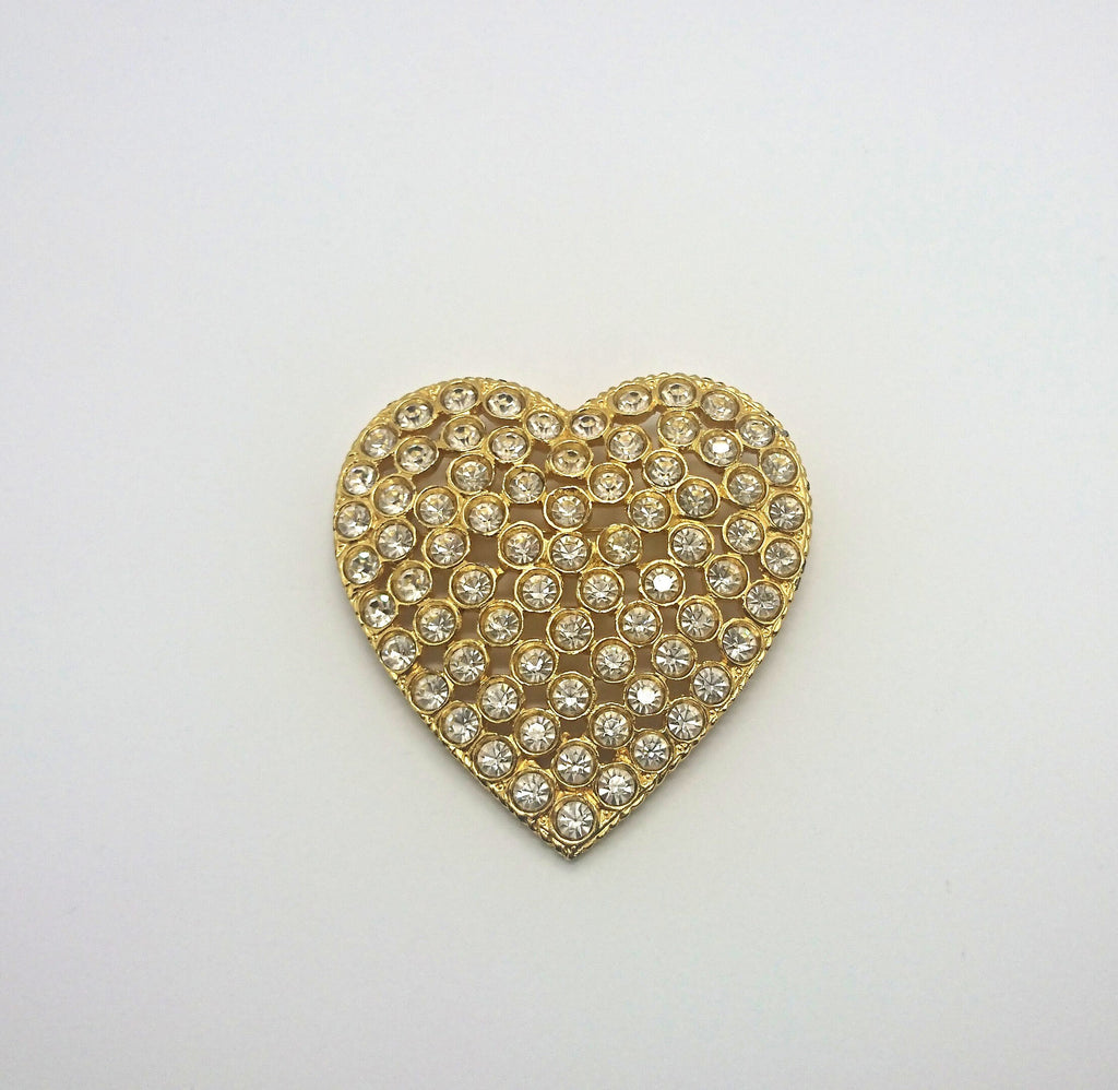 Vintage Gold Tone Heart Brooch, Rhinestone Crystal Diamante Jewelry