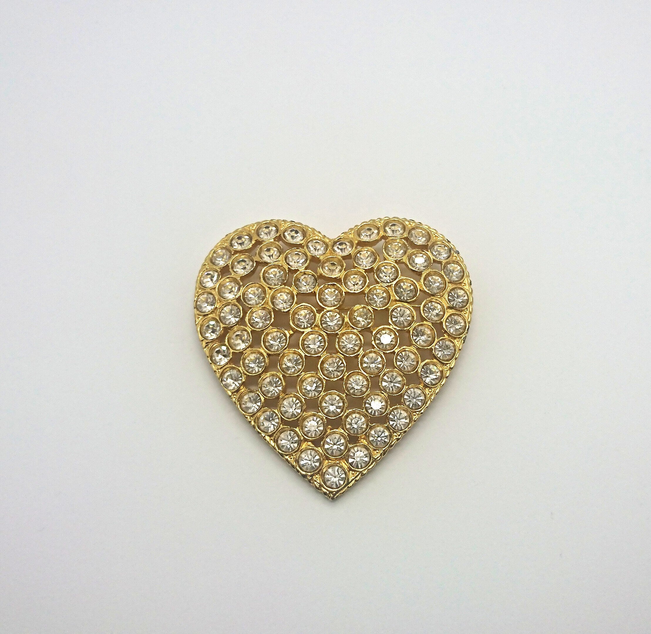 Vintage Gold Tone Heart Brooch, Rhinestone Crystal Diamante Jewelry