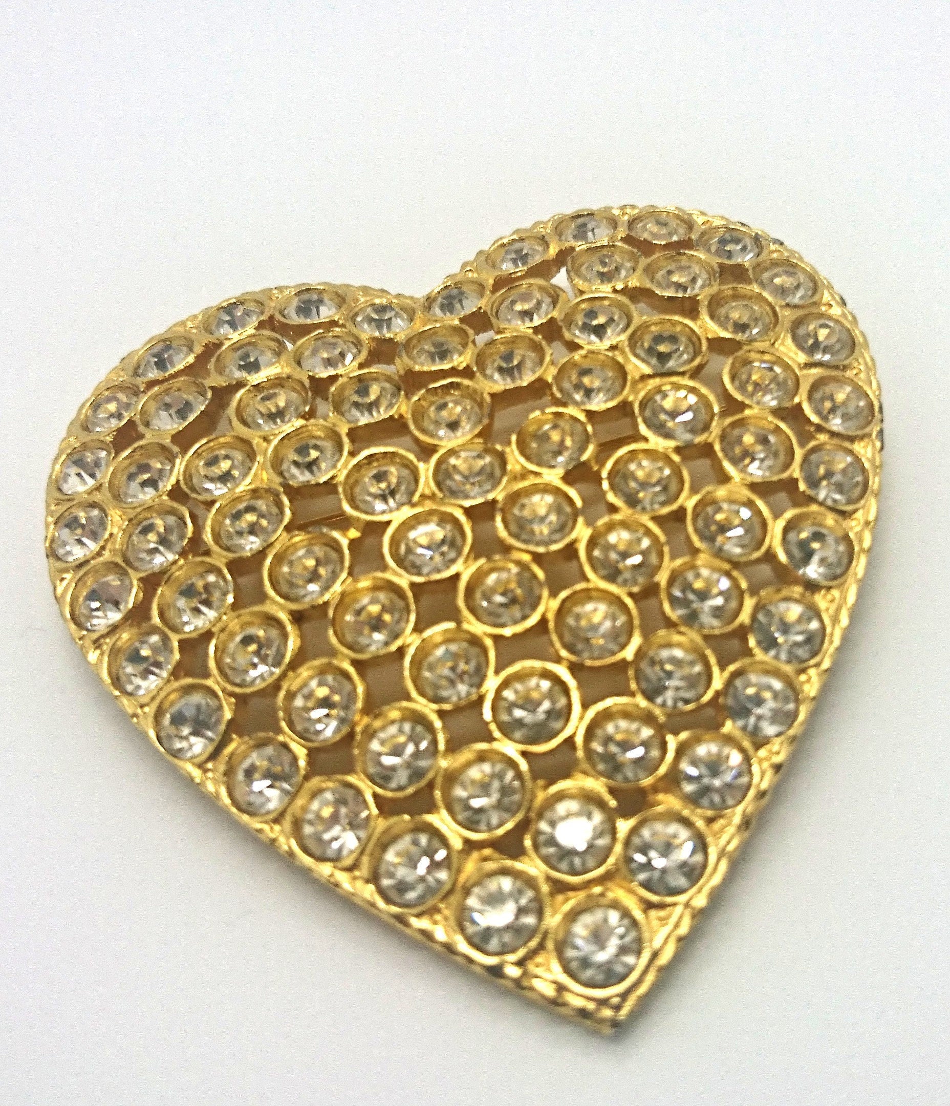 Vintage Gold Tone Heart Brooch, Rhinestone Crystal Diamante Jewelry