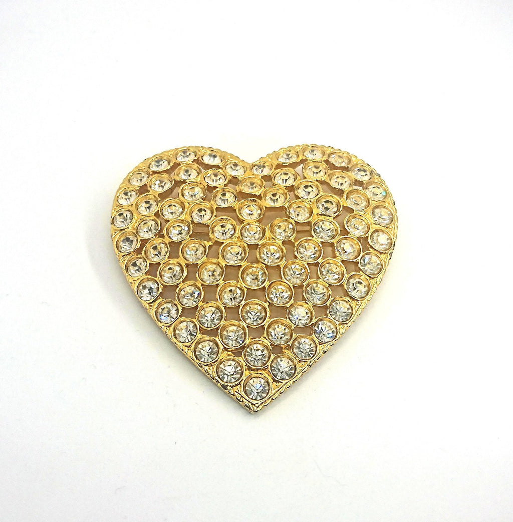 Vintage Gold Tone Heart Brooch, Rhinestone Crystal Diamante Jewelry
