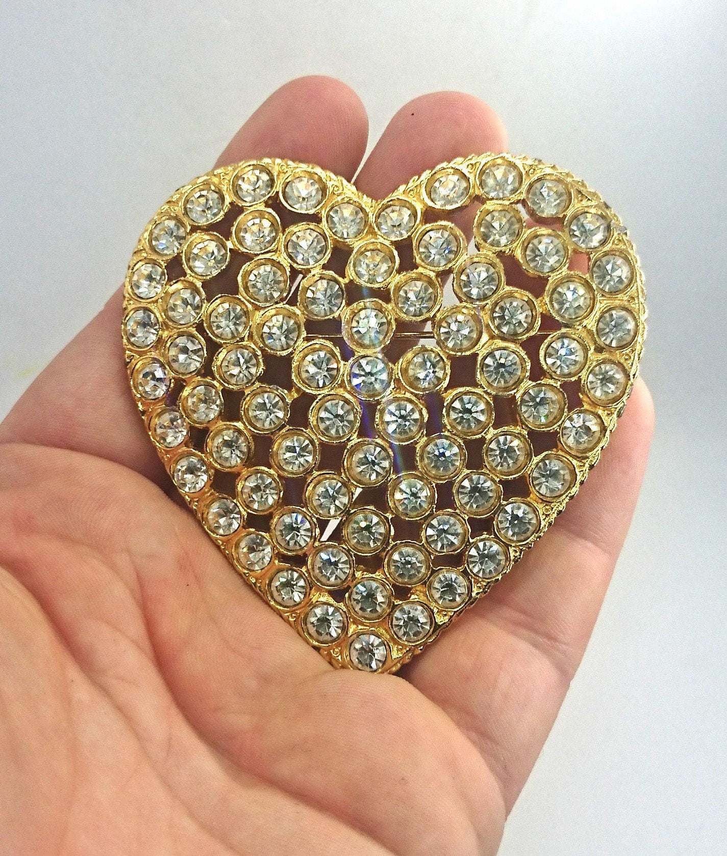 Vintage Gold Tone Heart Brooch, Rhinestone Crystal Diamante Jewelry