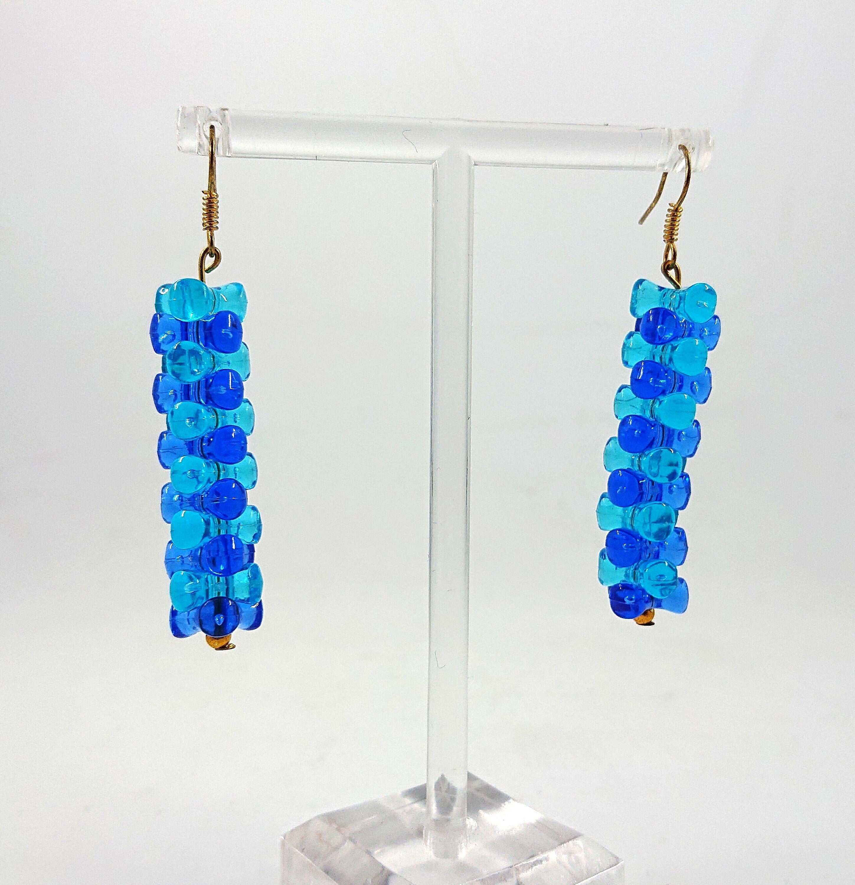 1980s Blue Lucite Dangle Drop Earrings, Vintage Costume Jewelry