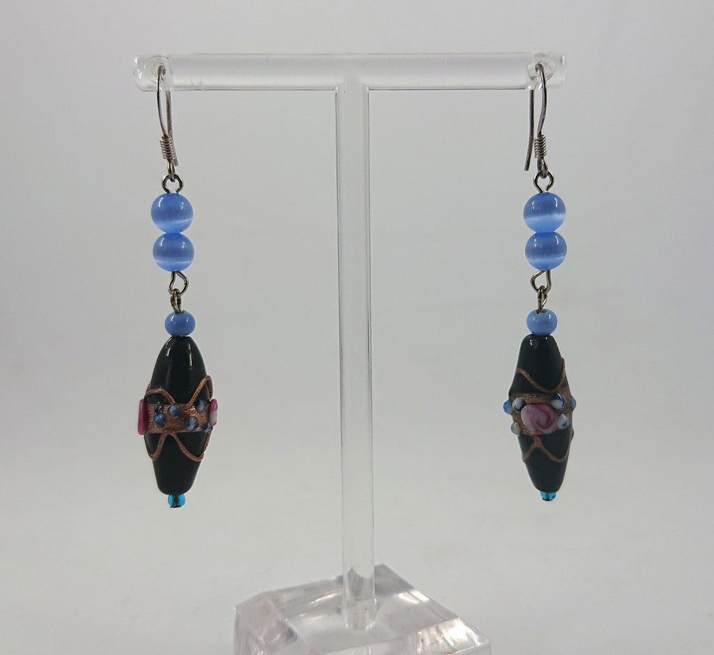 Vintage Blue Glass Dangle Earrings, Gold Tone Costume Jewelry