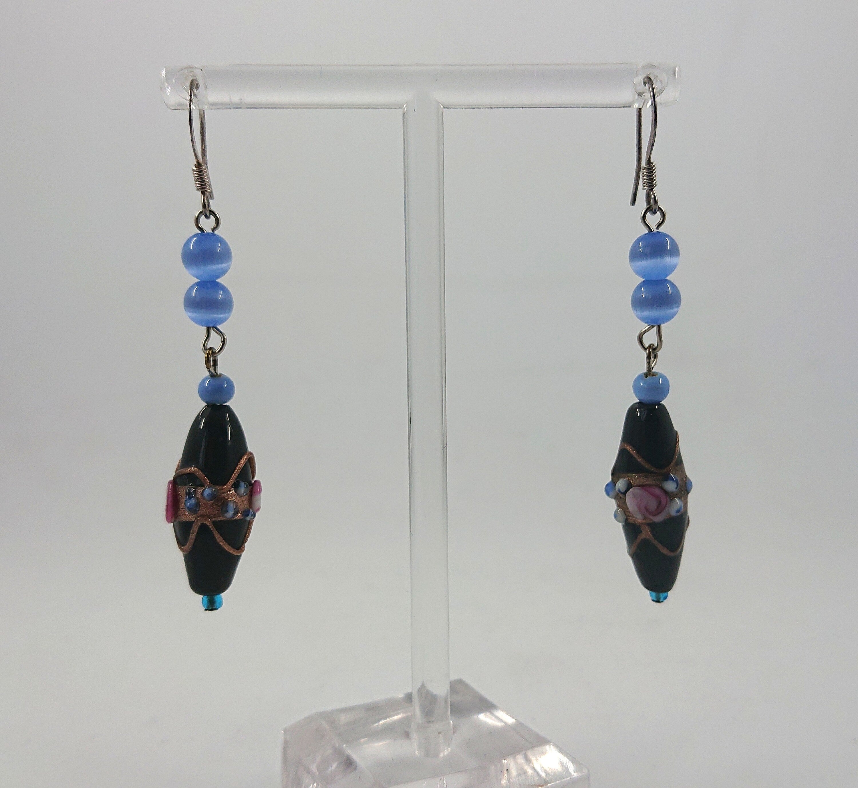 Vintage Blue Glass Dangle Earrings, Gold Tone Costume Jewelry