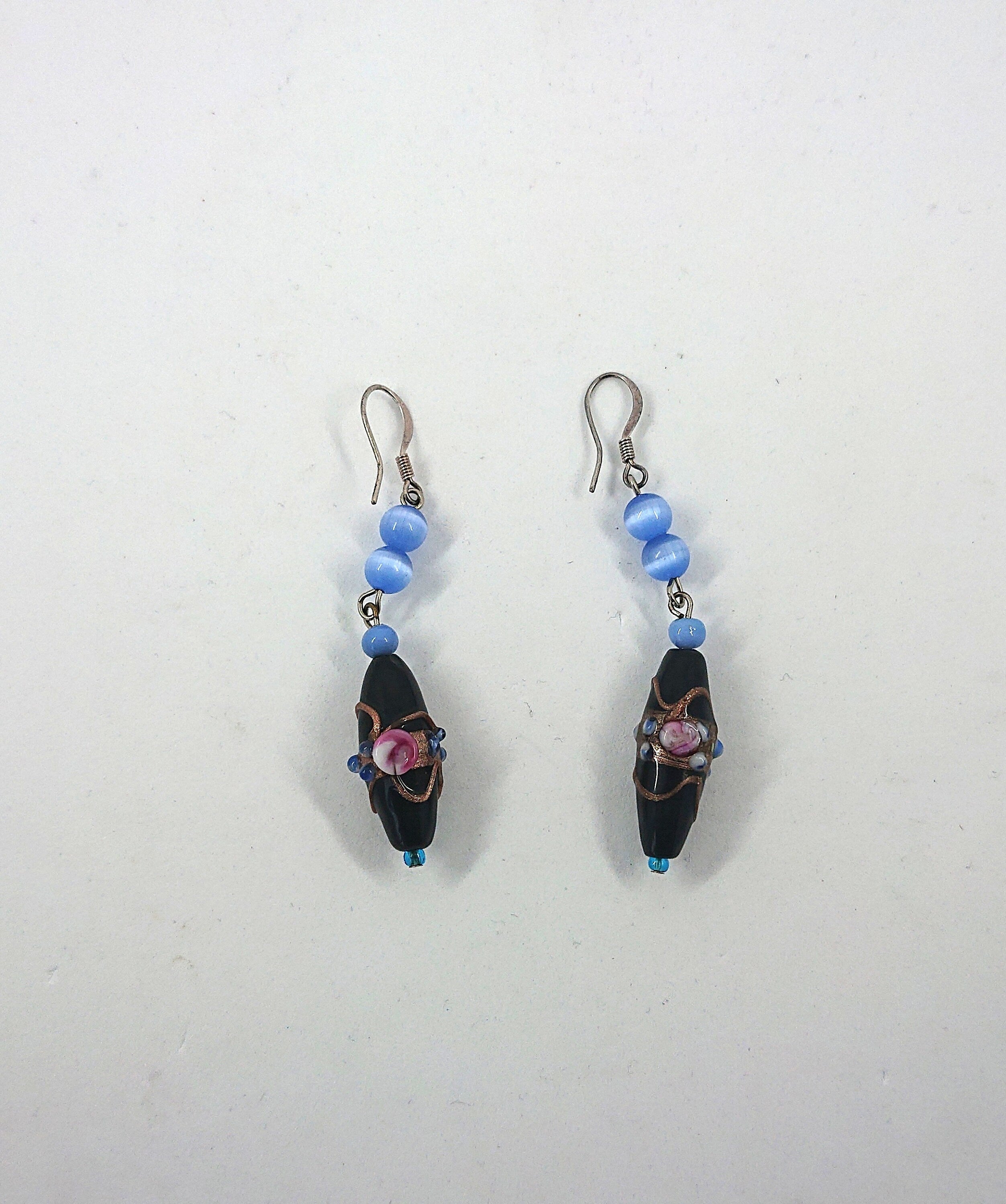 Vintage Blue Glass Dangle Earrings, Gold Tone Costume Jewelry