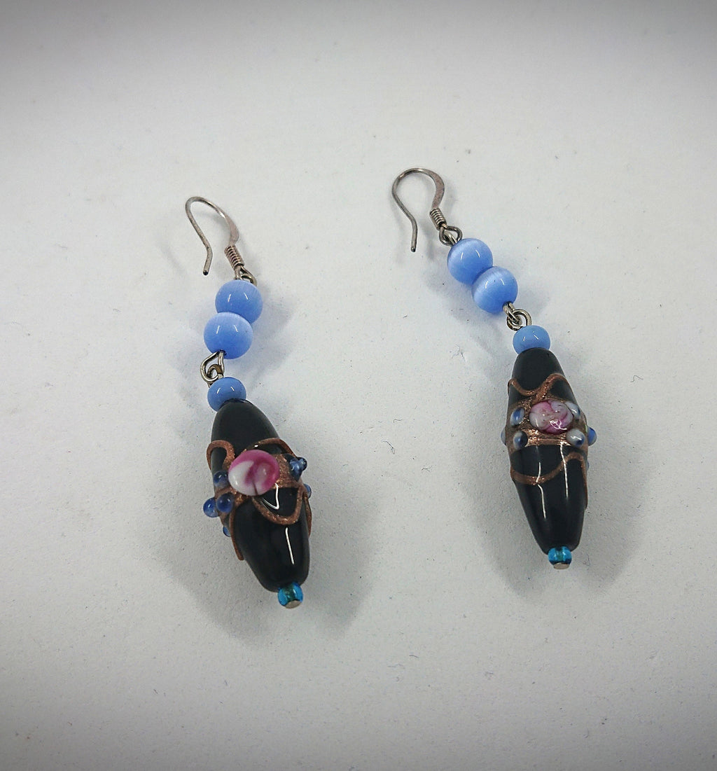 Vintage Blue Glass Dangle Earrings, Gold Tone Costume Jewelry
