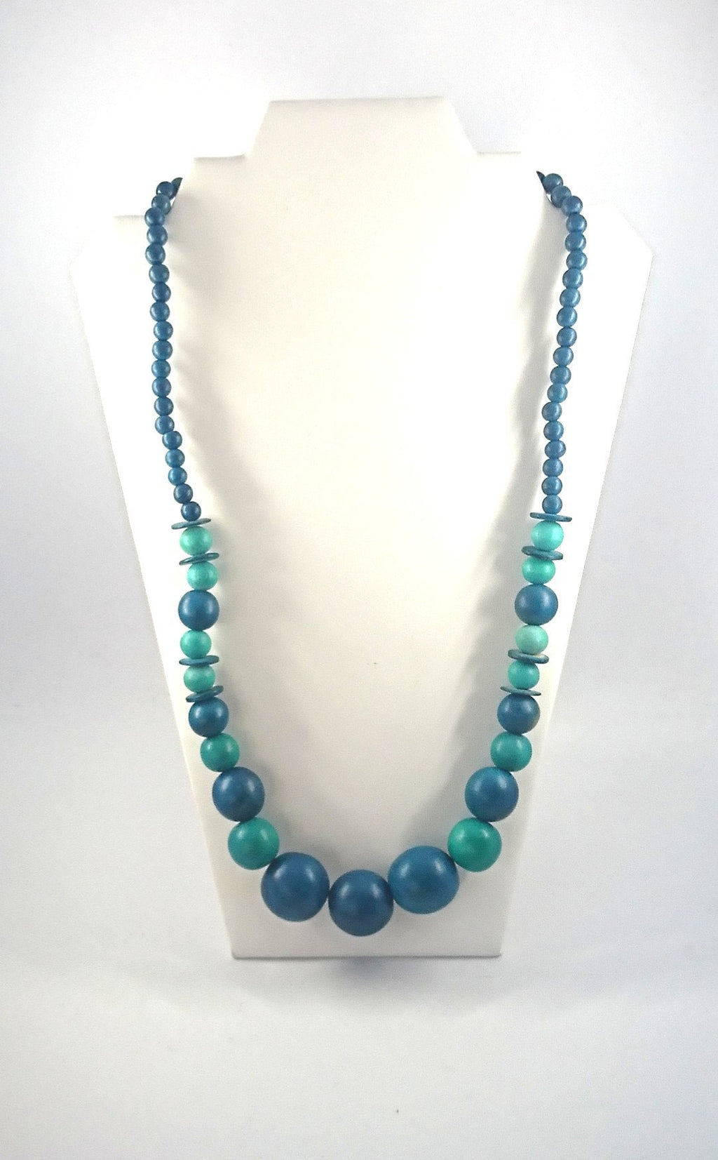 Vintage Blue Turquoise Chunky Beaded Necklace Wooden Gradient 1990's Costume Jewellery Jewelry