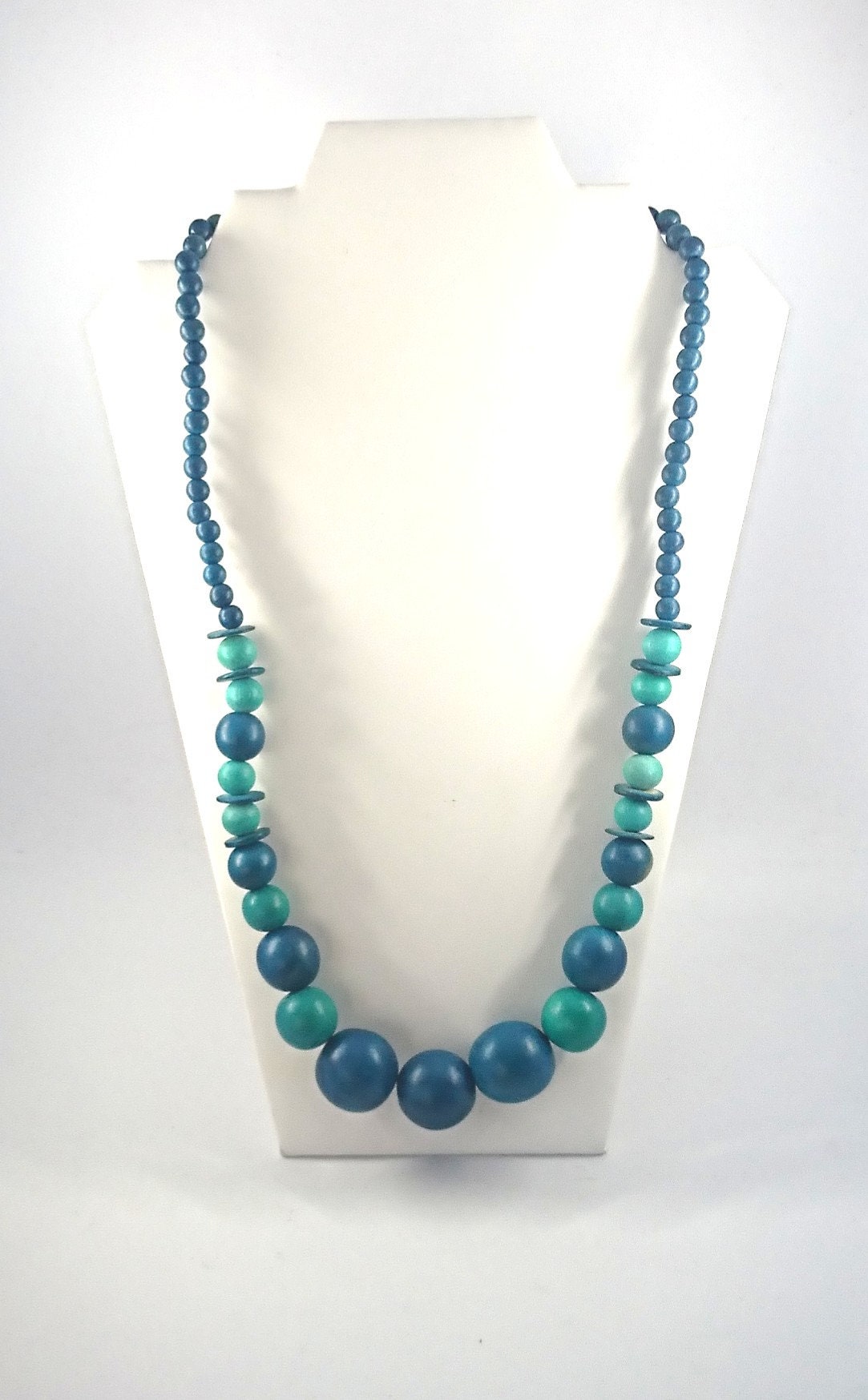 Vintage Blue Turquoise Chunky Beaded Necklace Wooden Gradient 1990's Costume Jewellery Jewelry