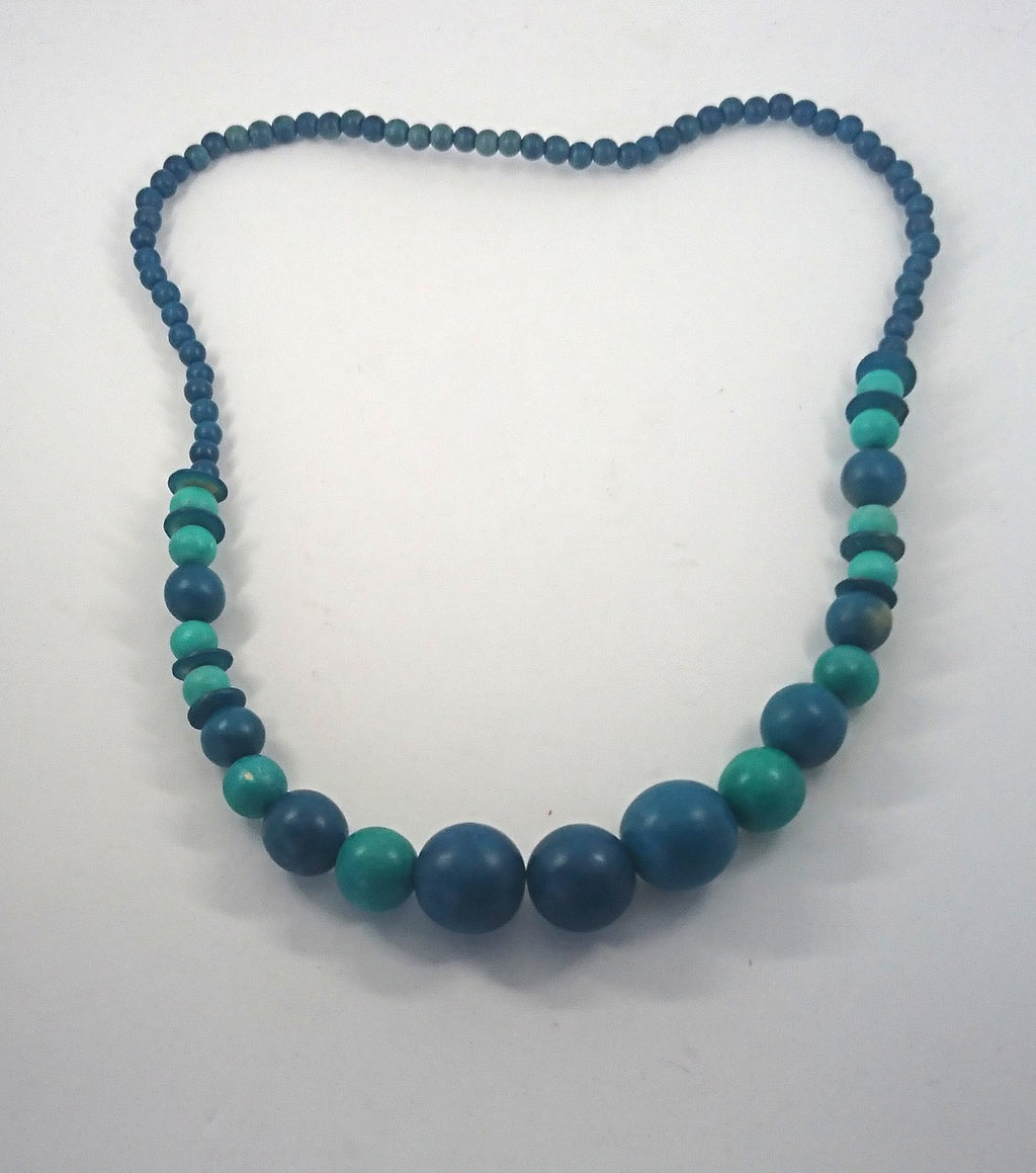 Vintage Blue Turquoise Chunky Beaded Necklace Wooden Gradient 1990's Costume Jewellery Jewelry