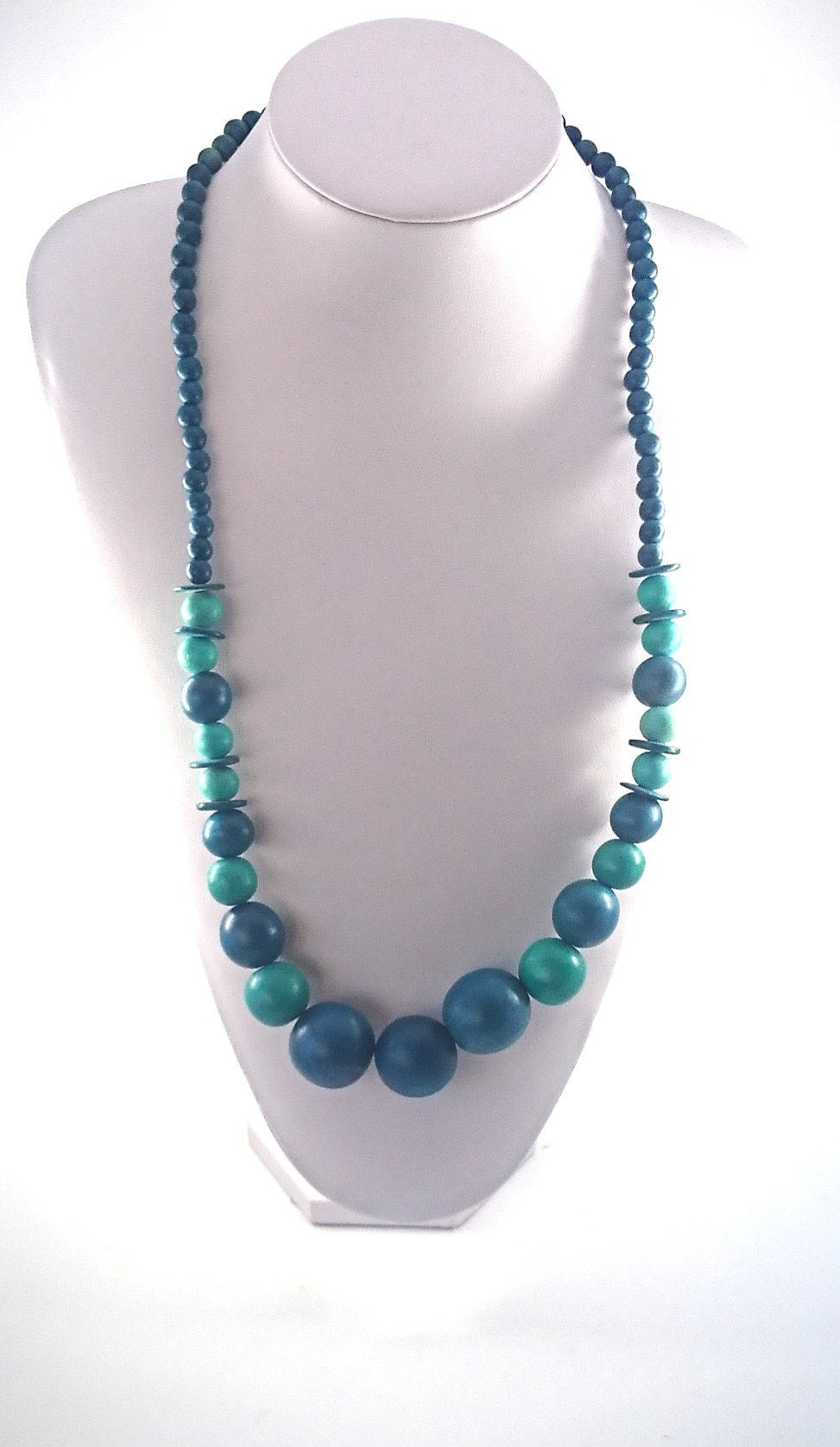 Vintage Blue Turquoise Chunky Beaded Necklace Wooden Gradient 1990's Costume Jewellery Jewelry