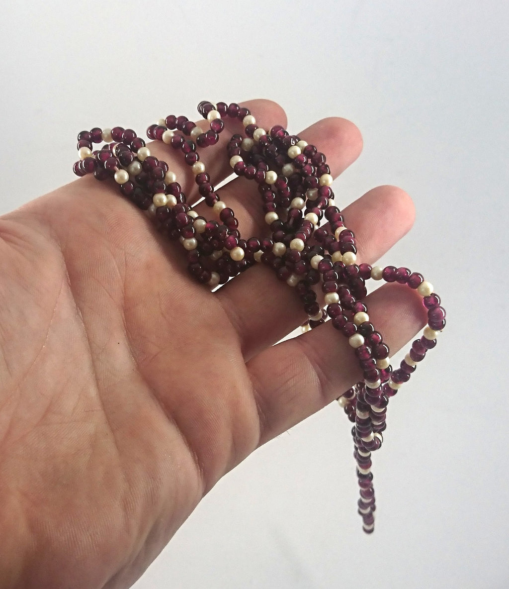 Vintage Purple and White Seed Bead Necklace Long 1970's Beaded Necklace Costume Jewellery Jewelry