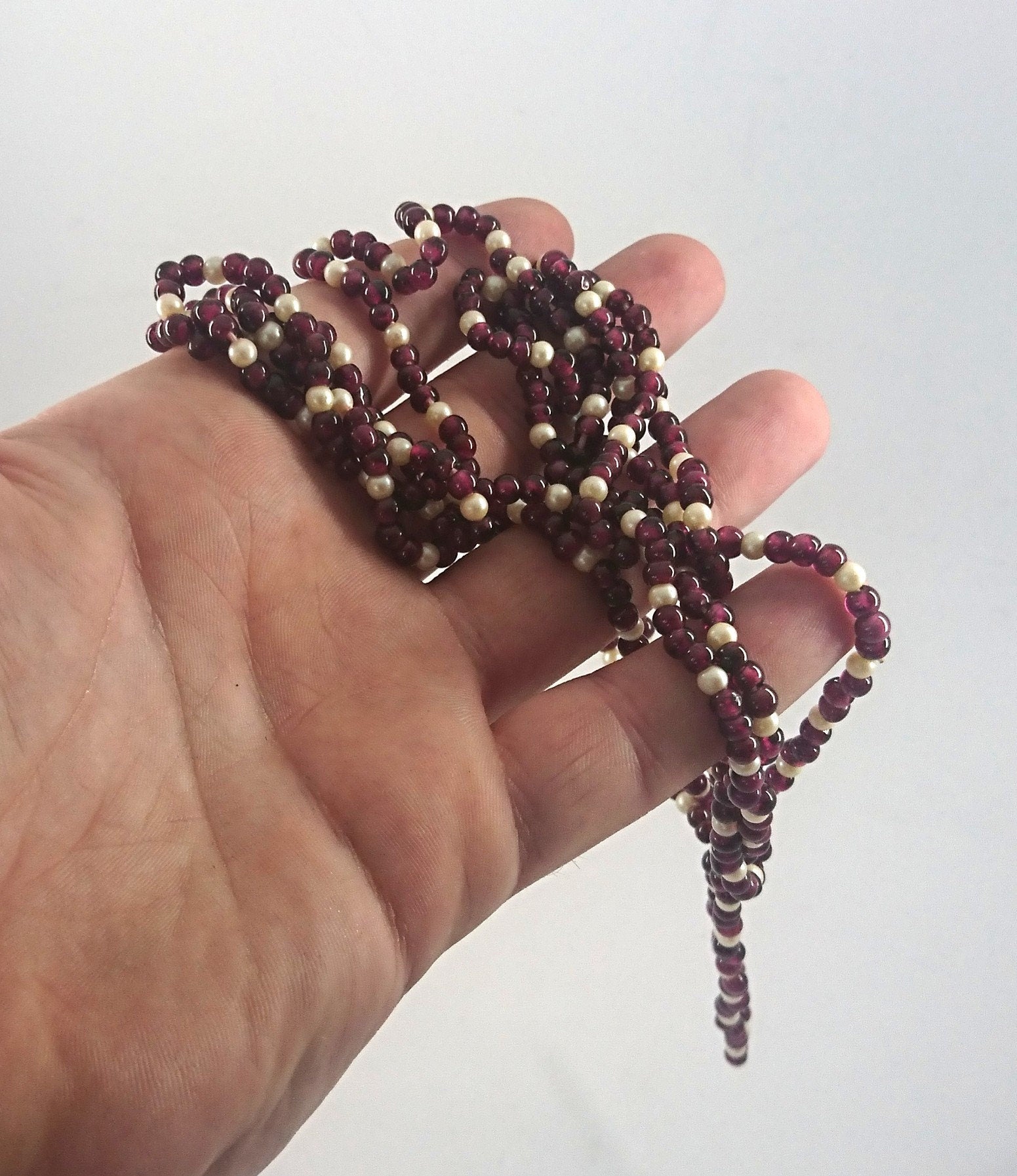 Vintage Purple and White Seed Bead Necklace Long 1970's Beaded Necklace Costume Jewellery Jewelry