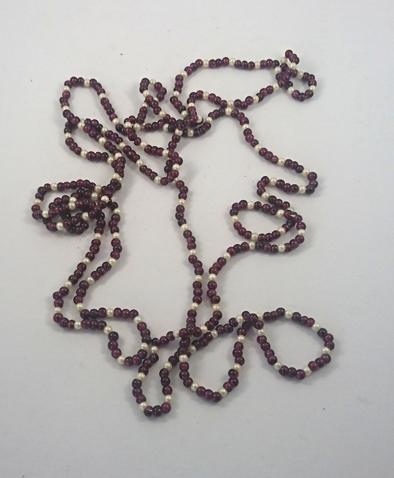 Vintage Purple and White Seed Bead Necklace Long 1970's Beaded Necklace Costume Jewellery Jewelry