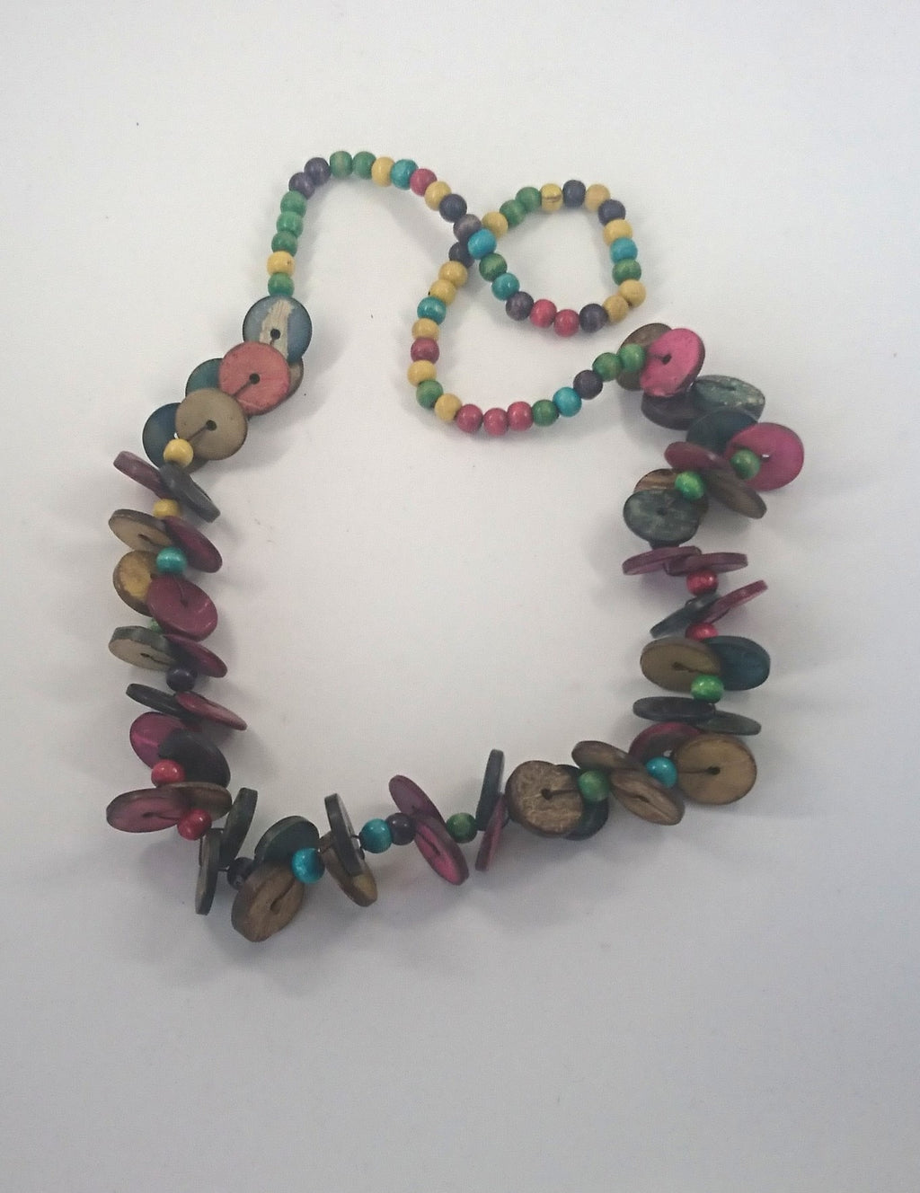 Vintage Wooden Colourful Long Beaded Retro Necklace 70's Costume Jewellery Jewelry Button Beads