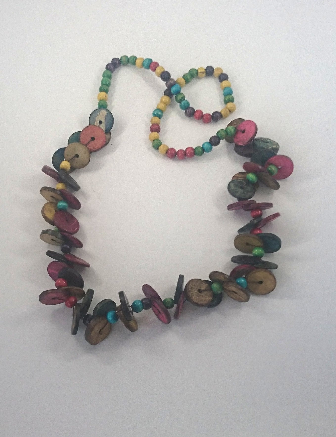 Vintage Wooden Colourful Long Beaded Retro Necklace 70's Costume Jewellery Jewelry Button Beads