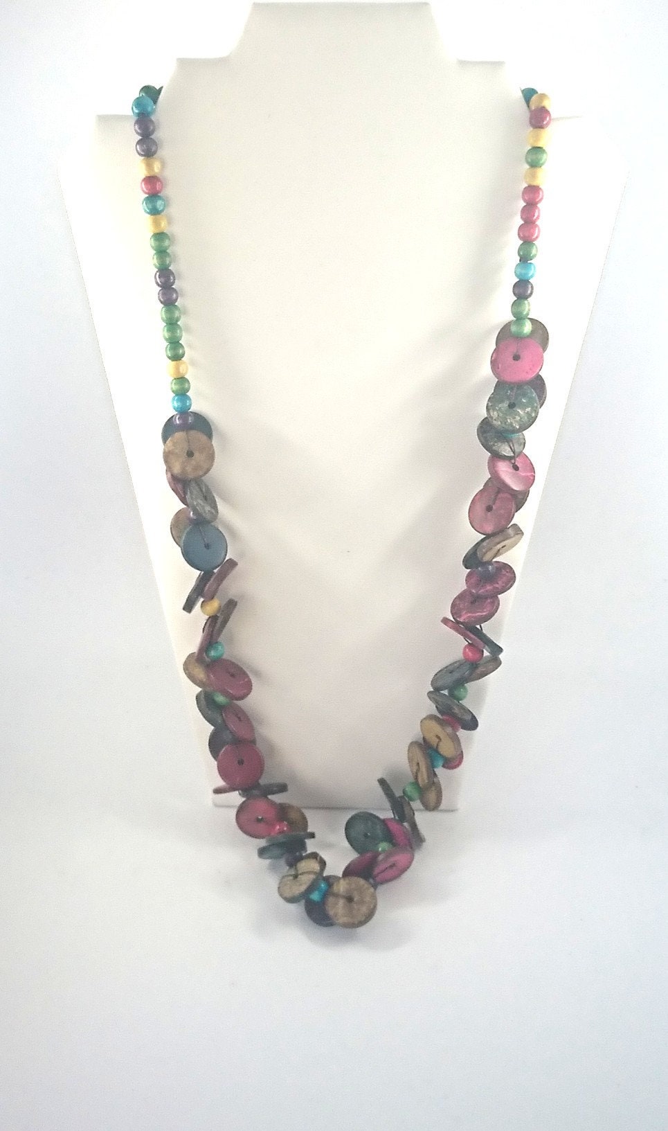 Vintage Wooden Colourful Long Beaded Retro Necklace 70's Costume Jewellery Jewelry Button Beads