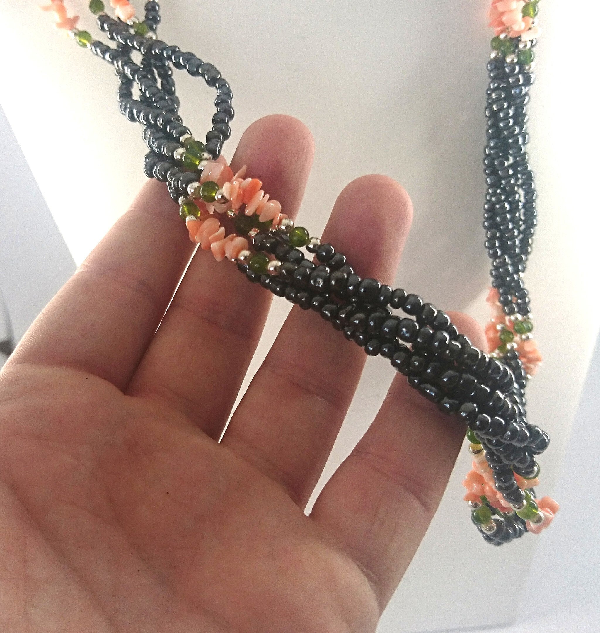 Vintage Necklace Long Multistrand Seed Bead Necklace Metallic Gray and Pink Costume Jewellery Jewelry