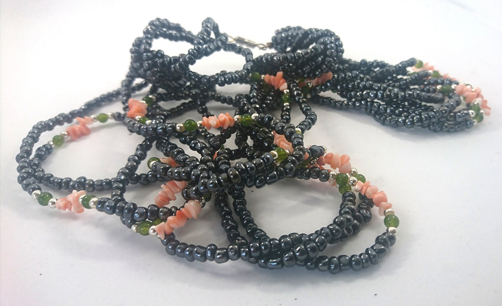Vintage Necklace Long Multistrand Seed Bead Necklace Metallic Gray and Pink Costume Jewellery Jewelry