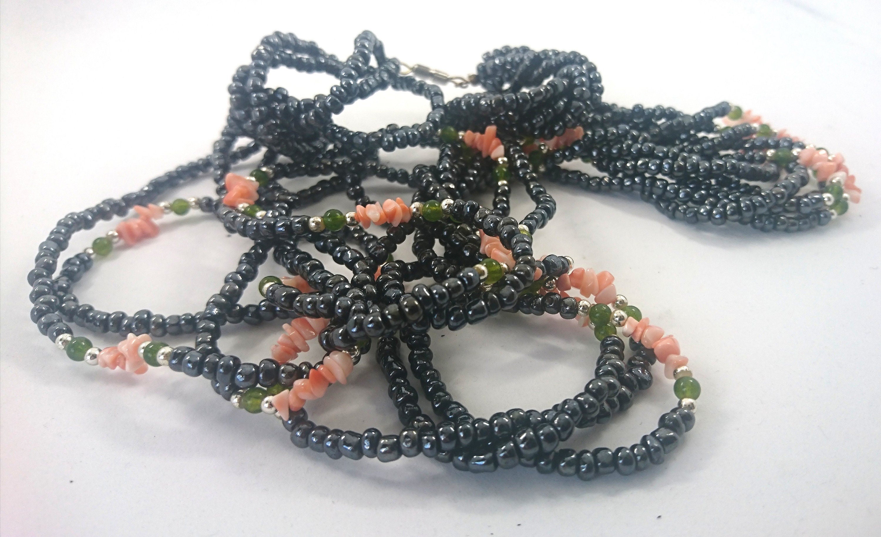 Vintage Necklace Long Multistrand Seed Bead Necklace Metallic Gray and Pink Costume Jewellery Jewelry