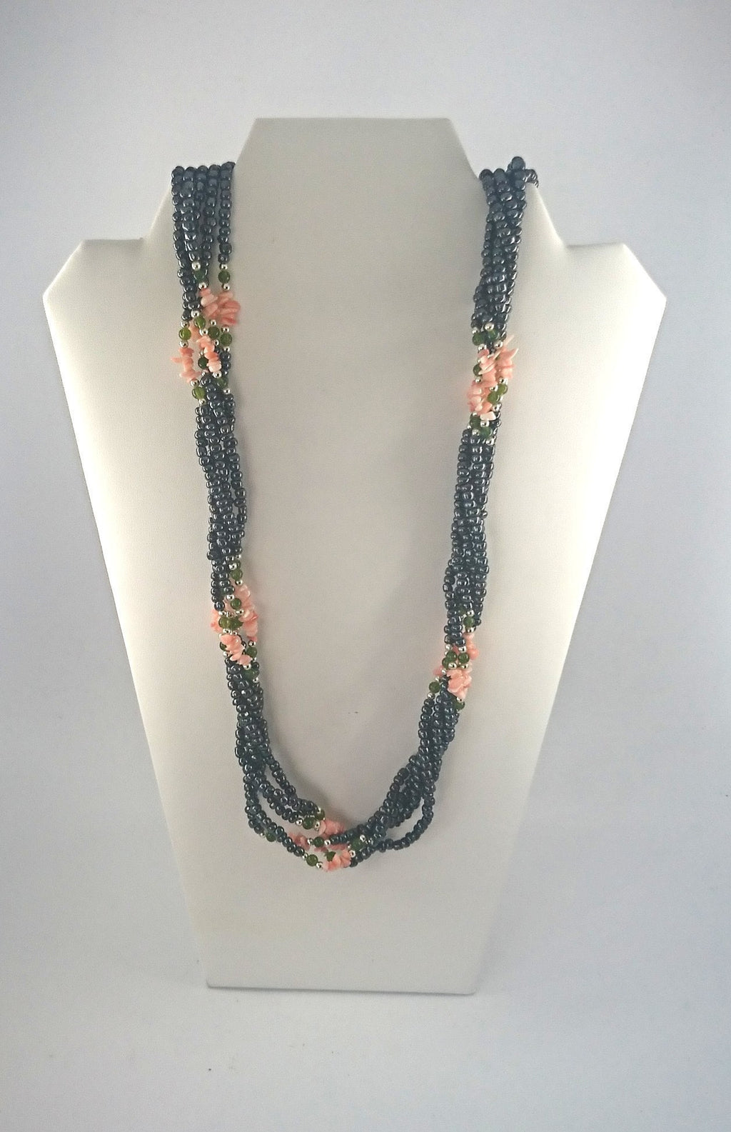 Vintage Necklace Long Multistrand Seed Bead Necklace Metallic Gray and Pink Costume Jewellery Jewelry