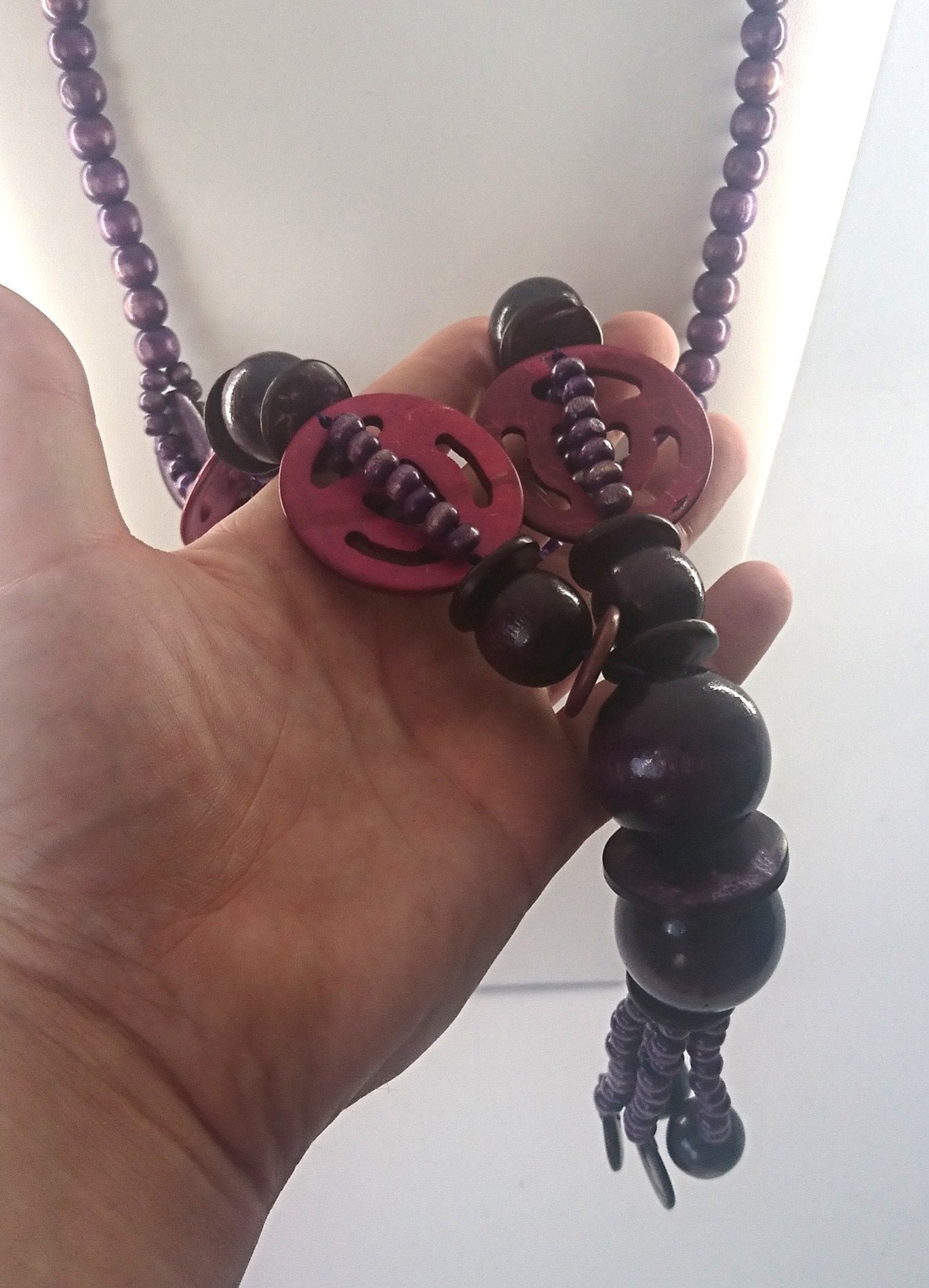 Vintage Necklace Large Chunky Purple Wooden Beaded Costume Jewellery Jewelry Long