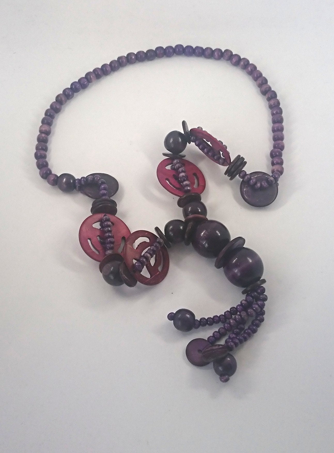 Vintage Necklace Large Chunky Purple Wooden Beaded Costume Jewellery Jewelry Long