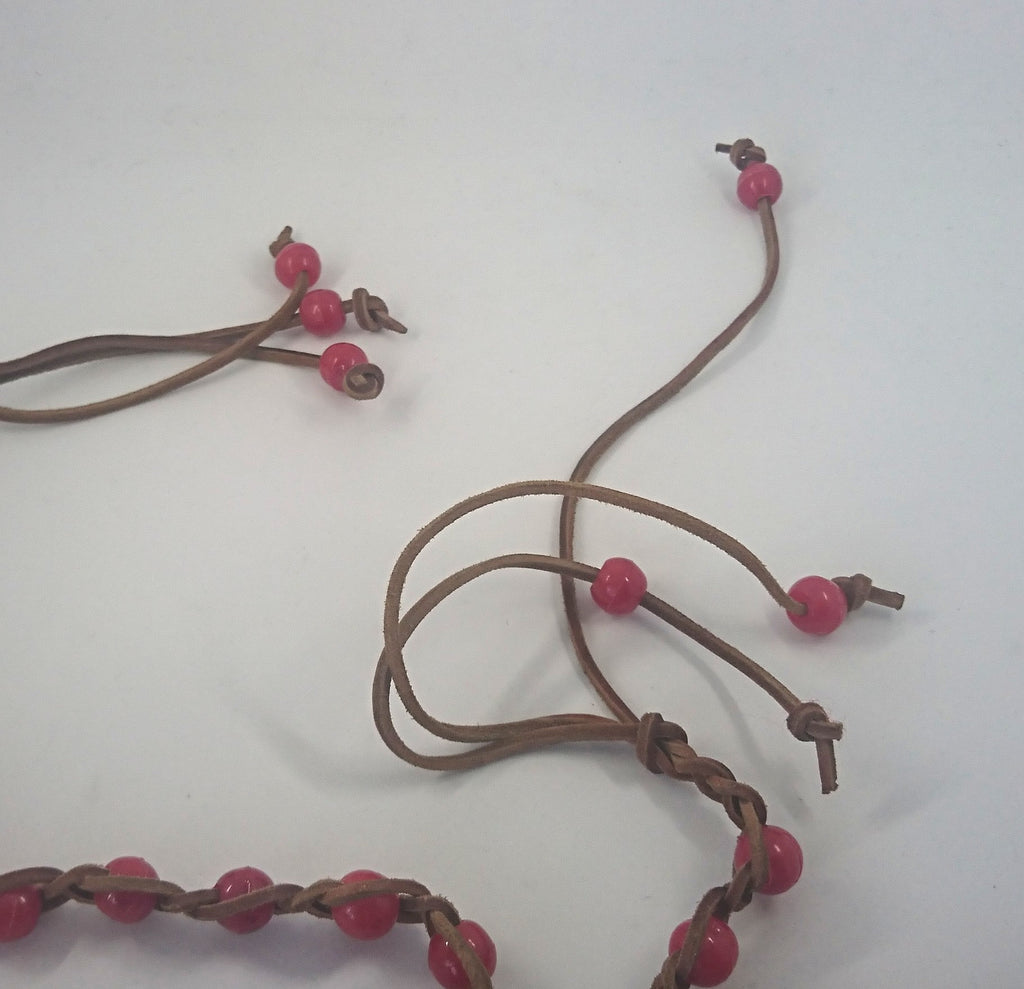 Vintage Necklace Red Beaded Long Brown Leather Necklace Costume Jewellery Jewelry