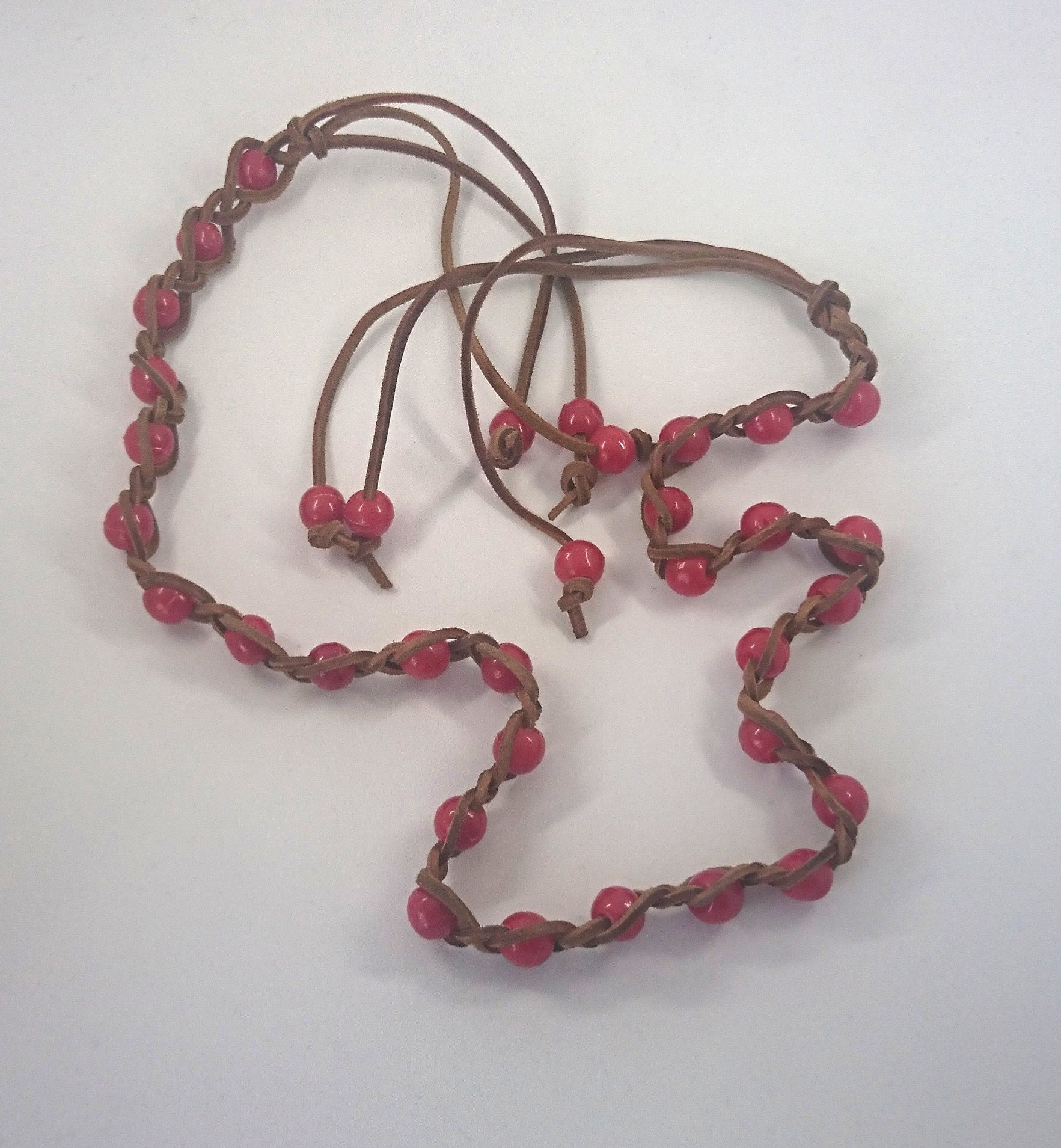 Vintage Necklace Red Beaded Long Brown Leather Necklace Costume Jewellery Jewelry