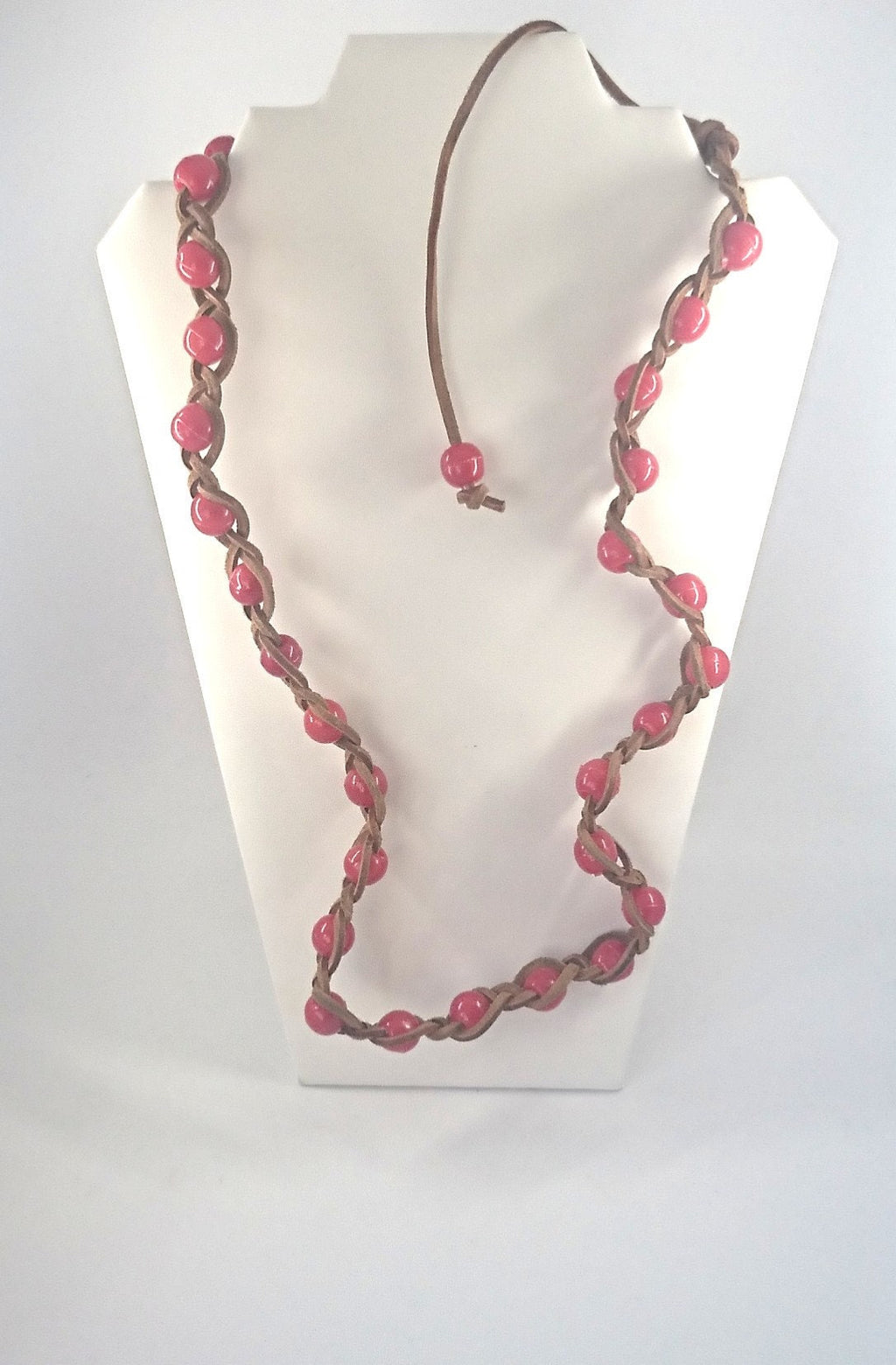 Vintage Necklace Red Beaded Long Brown Leather Necklace Costume Jewellery Jewelry