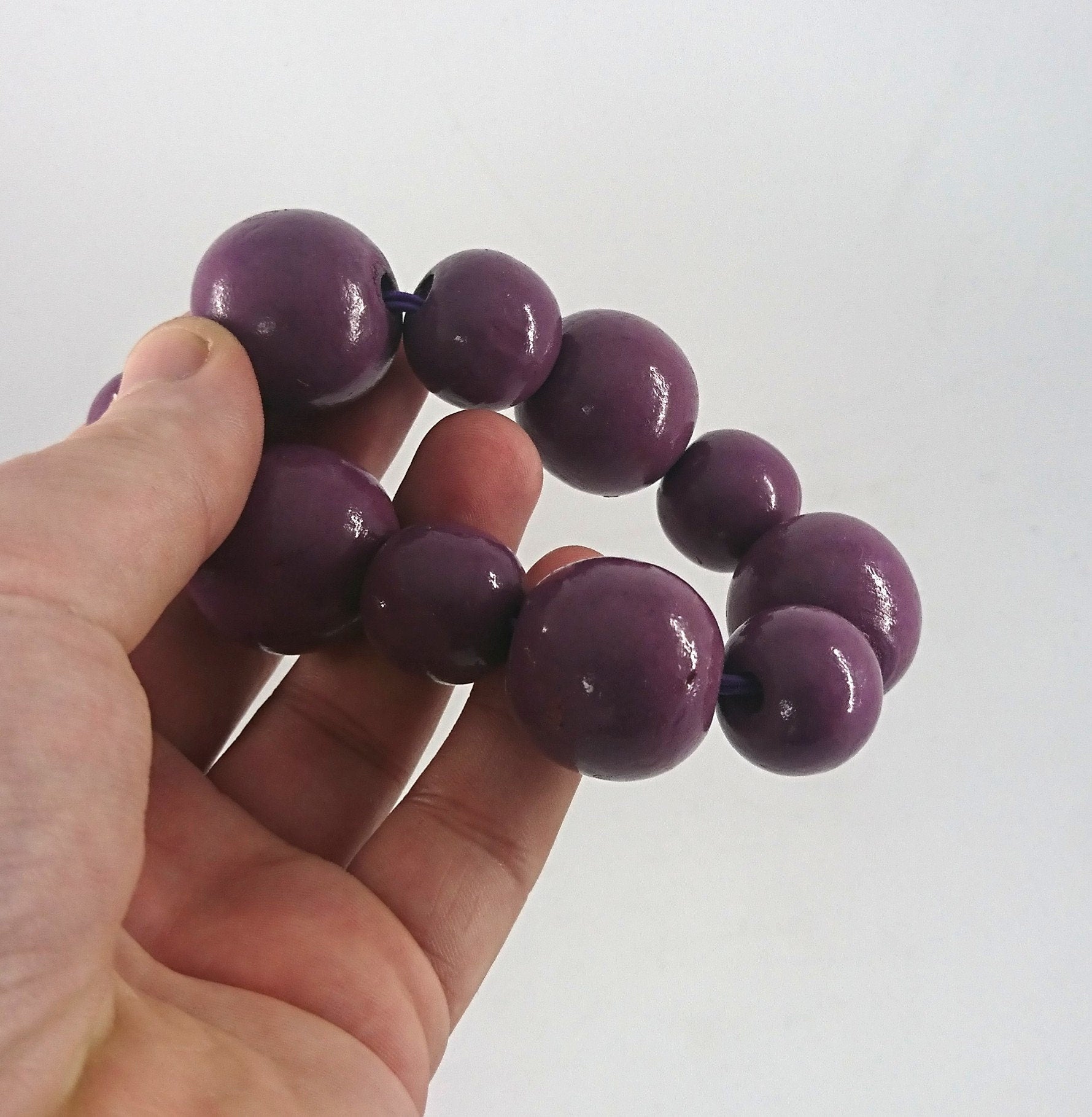 Vintage Wooden Beaded Purple Bangle Stretch Bracelet Costume Jewellery Jewelry